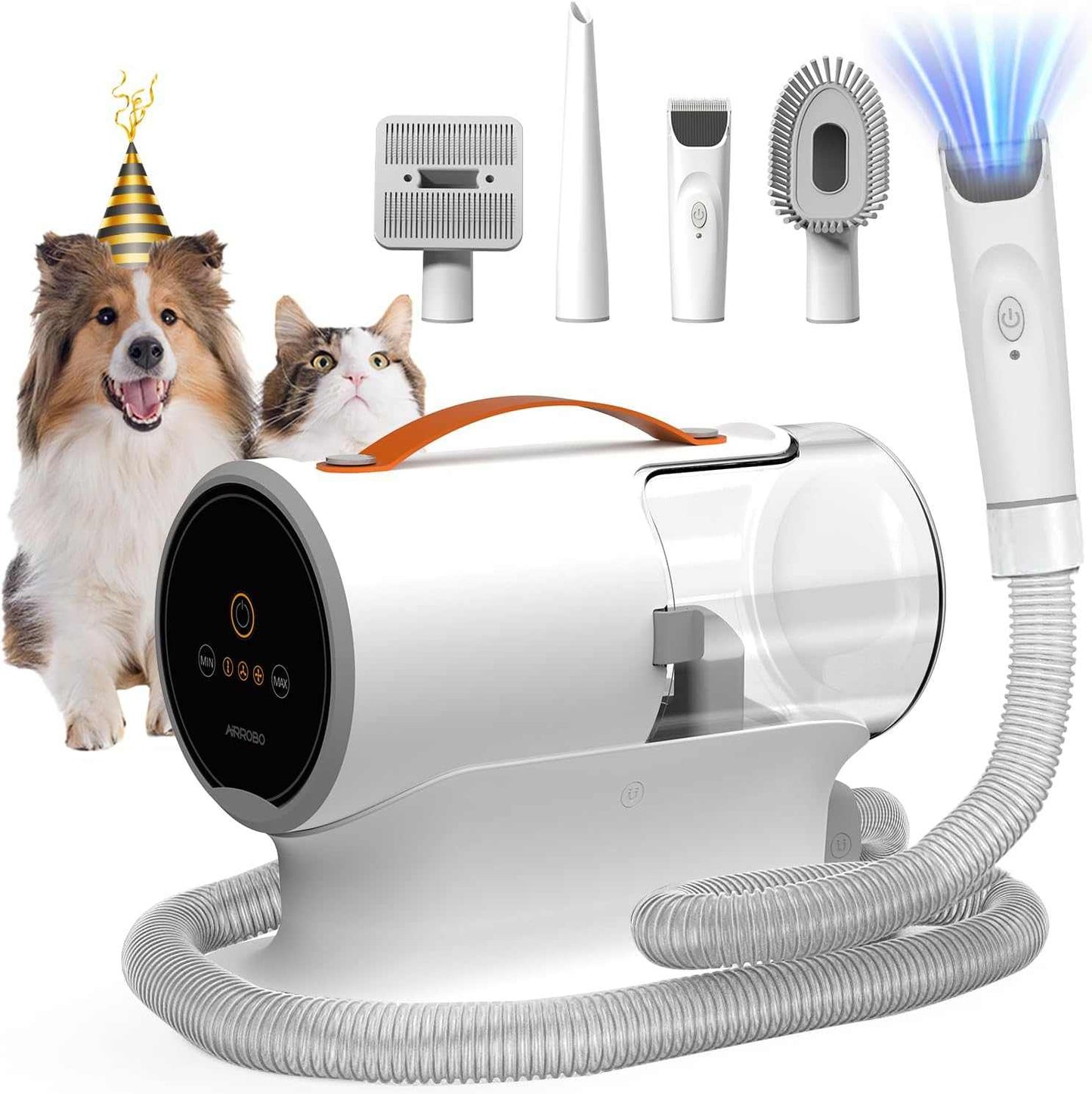 Powerful dog grooming vacuum kit with 12000Pa suction, 2L dustbin, five grooming tools, and quiet operation for pet hair removal and cleaning.