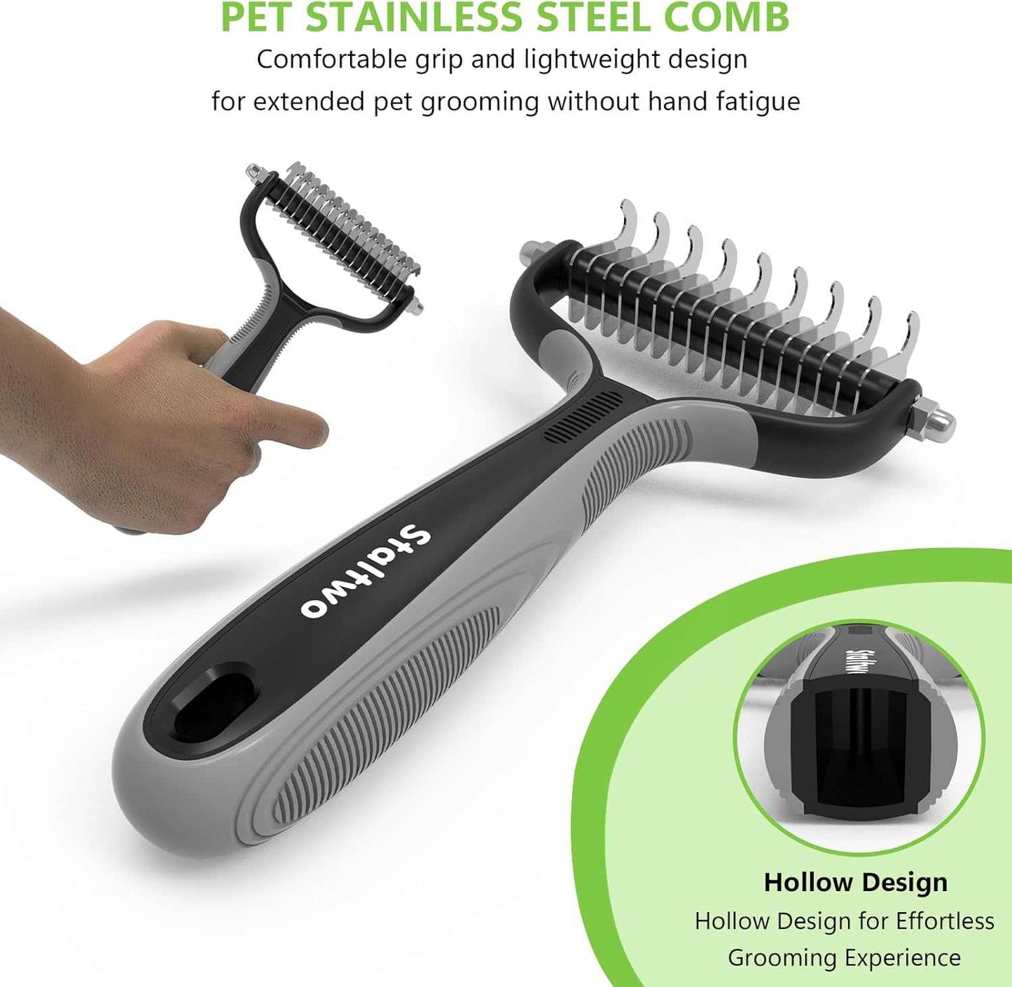 Grey ergonomic pet undercoat rake brush with stainless steel teeth for shedding control and knot removal
