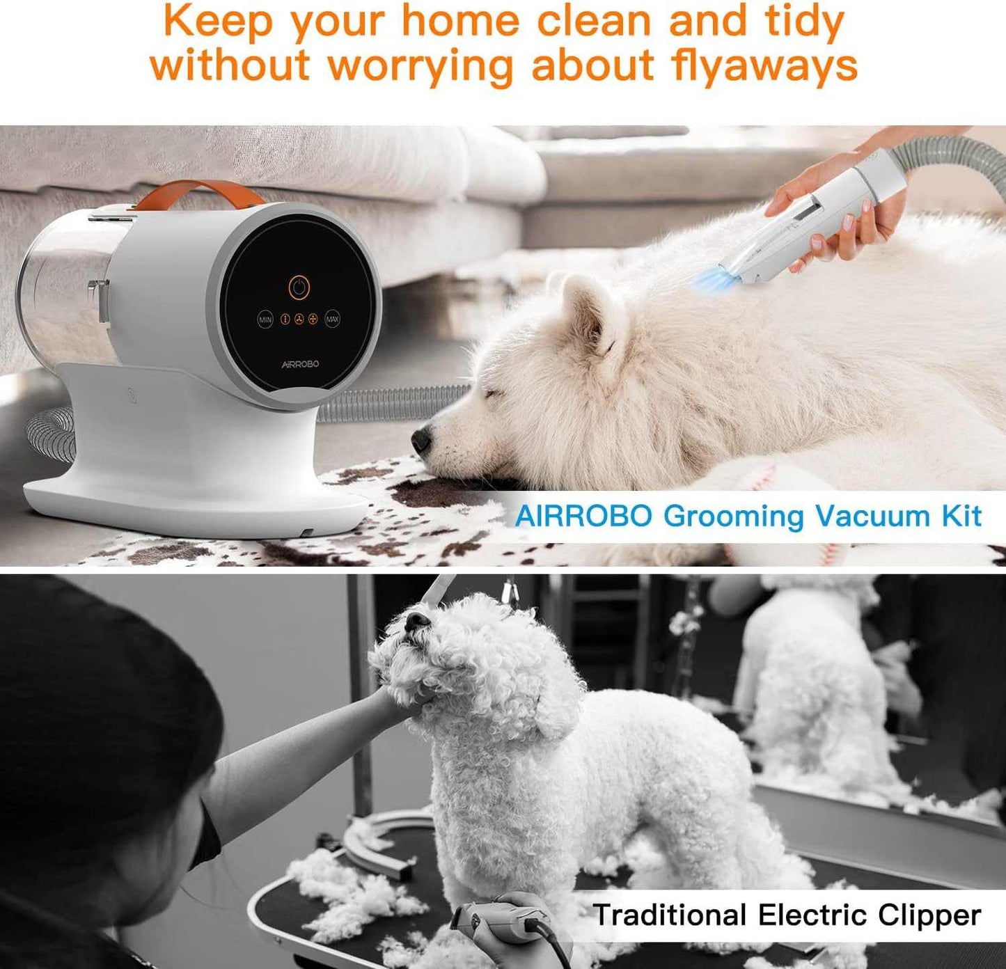 Dog grooming vacuum kit with powerful 12000Pa suction, quiet operation, 2L capacity, and five grooming tools for efficient pet hair removal and grooming