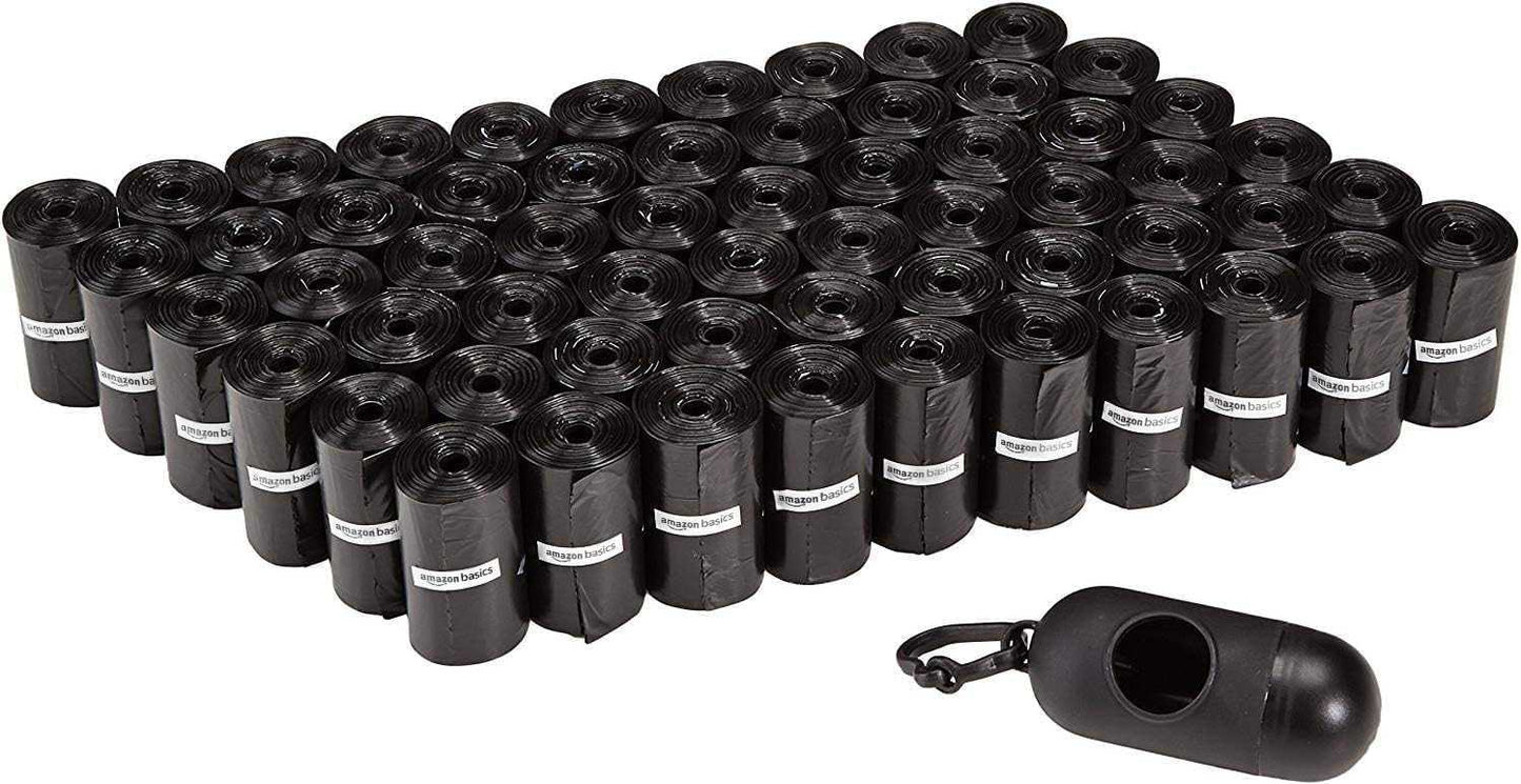 Black dog leak-proof poop bags in multiple rolls with a dispenser and leash clip for easy waste disposal during walks