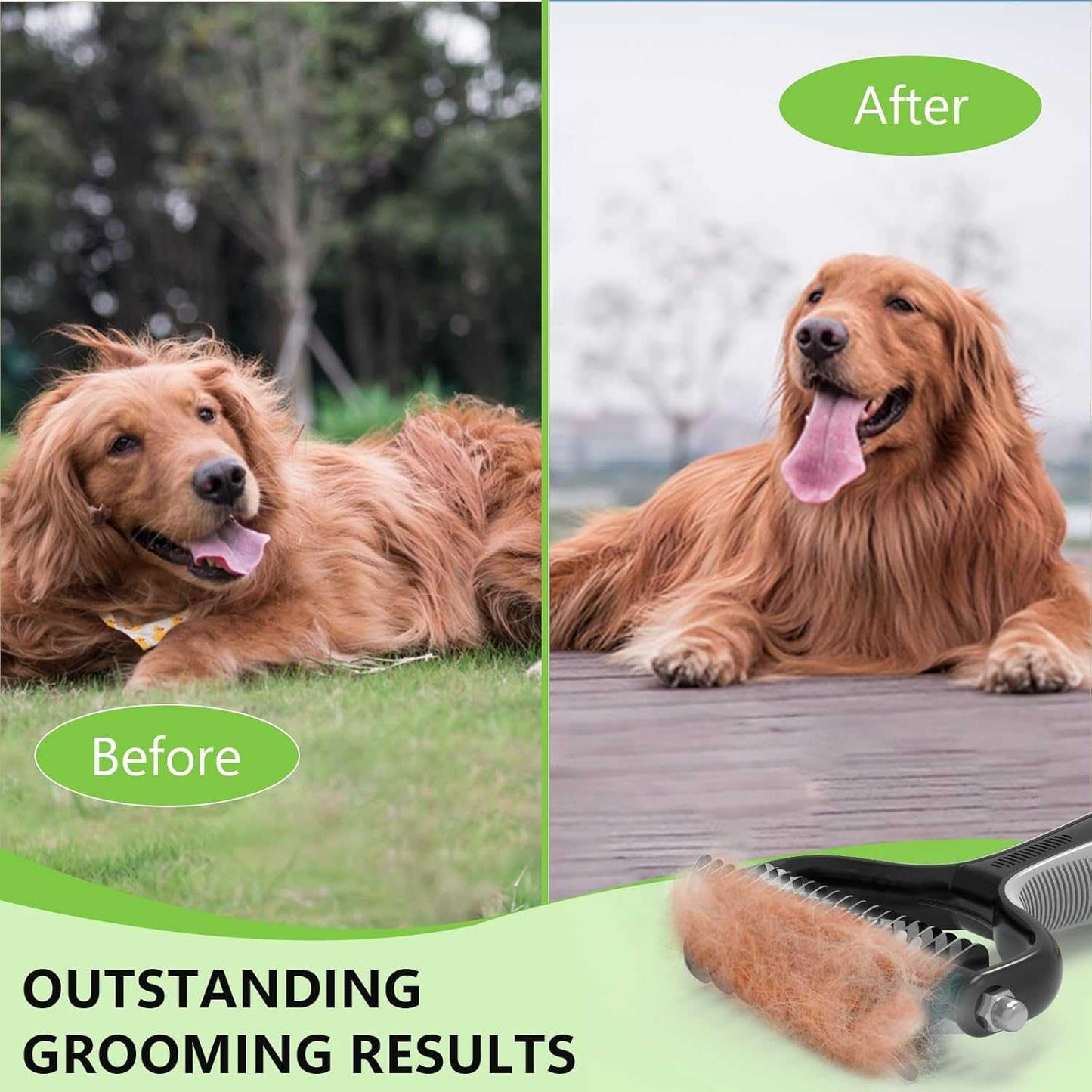 Before and after grooming images of a long-haired dog with a professional undercoat rake brush showing reduced shedding and smoother coat