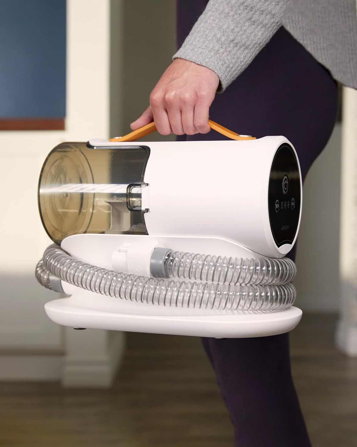Portable white dog grooming vacuum kit with 2L dustbin and flexible hose for pet hair removal