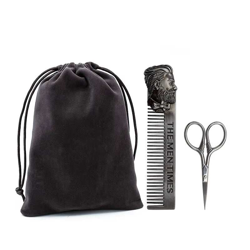 Shaving kit with eco-friendly boar bristle brush, wooden handle, comb, and scissors in a gift bag.