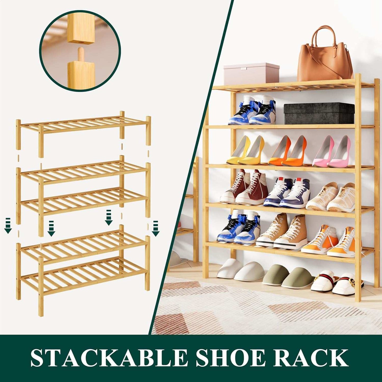 Stylish three-tier bamboo shoe rack, stackable and free-standing, ideal for organizing shoes in entryways and closets.