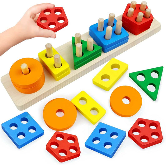 Colorful kids wooden stacker shape toy for early learning and color recognition.