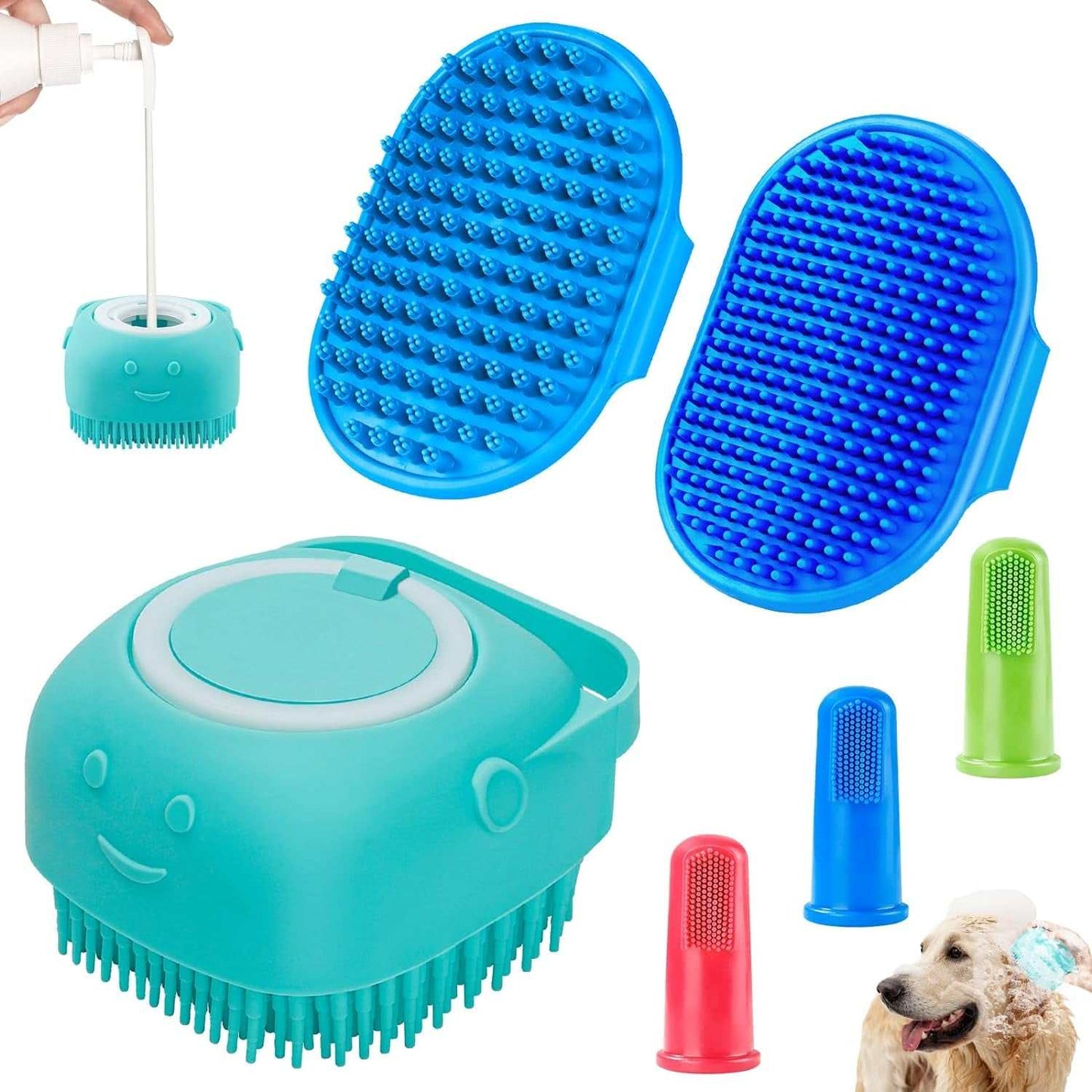 Adjustable ring handle dog bath brush with silicone bristles, shampoo dispenser, and massaging function for all coat types