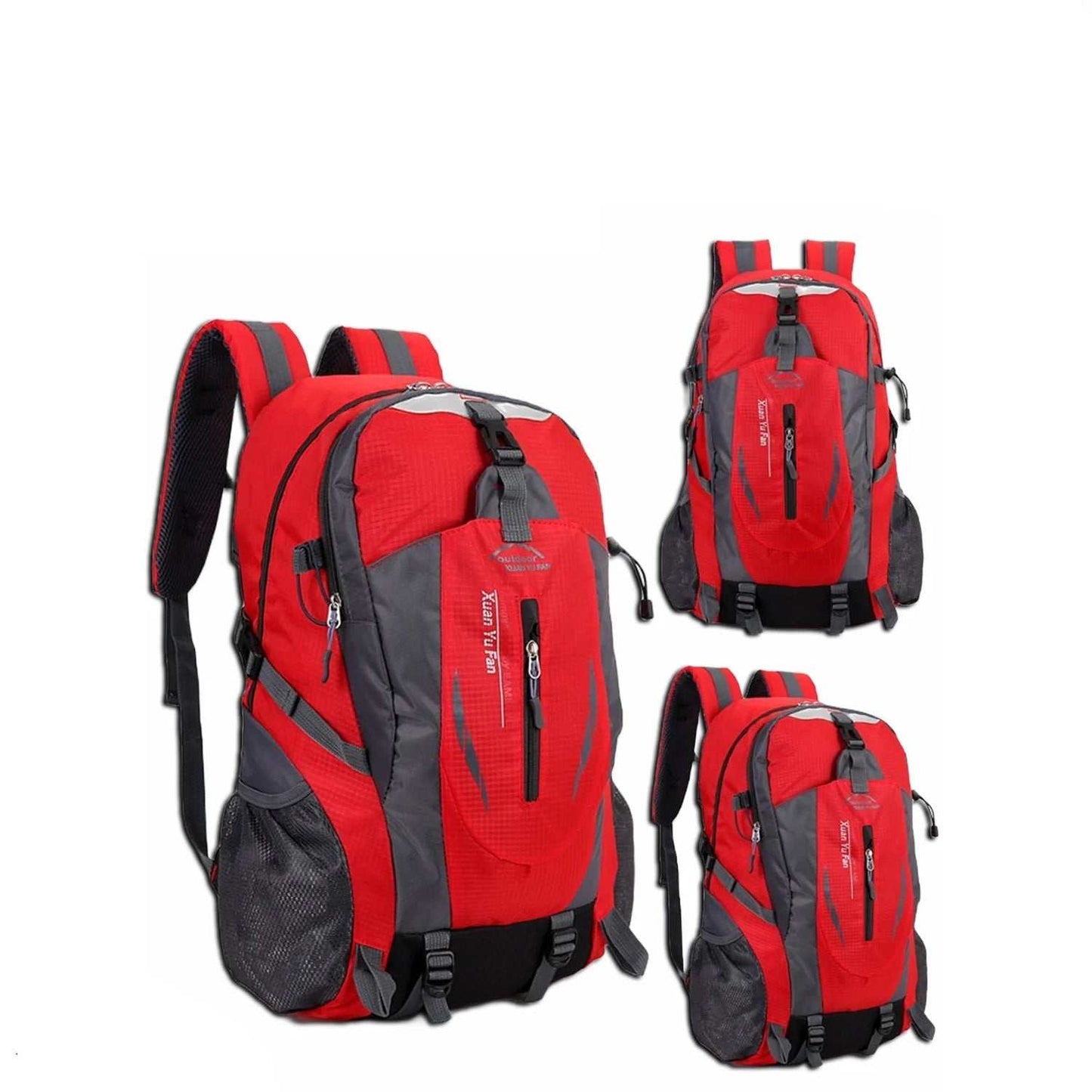 Red and gray rucksack laptop travel backpack with multiple compartments, padded straps, and a 40L capacity.