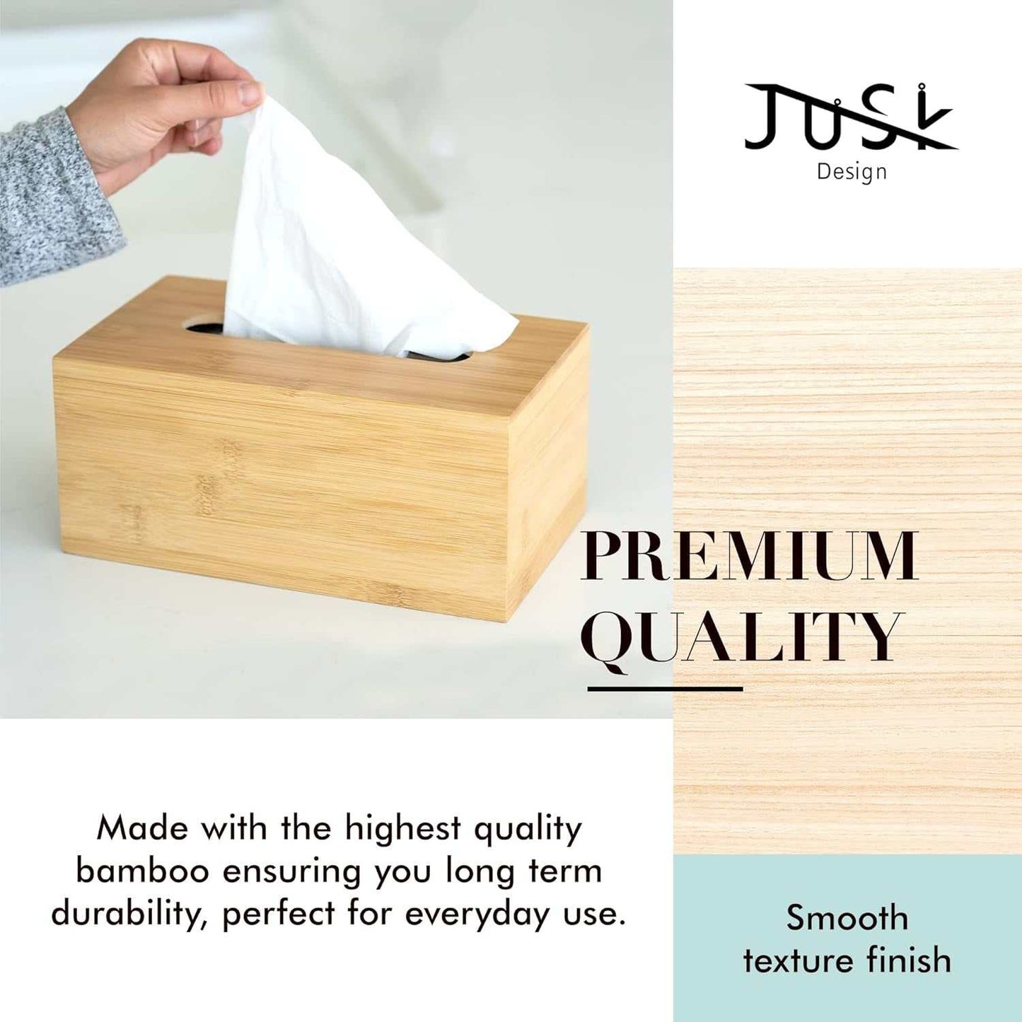 Wooden Tissue Box with bamboo finish, featuring easy refill sliding bottom and minimalist design.