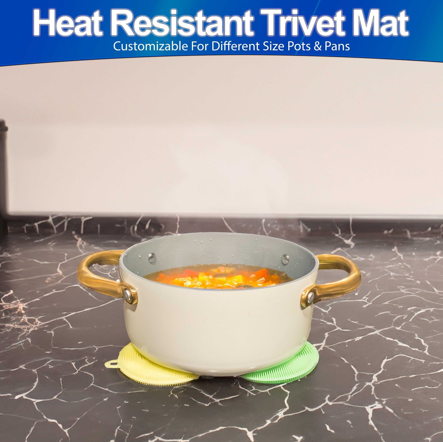 Eco-friendly magic silicone sponge scrubber used as a heat-resistant trivet mat under a pot on a kitchen counter.