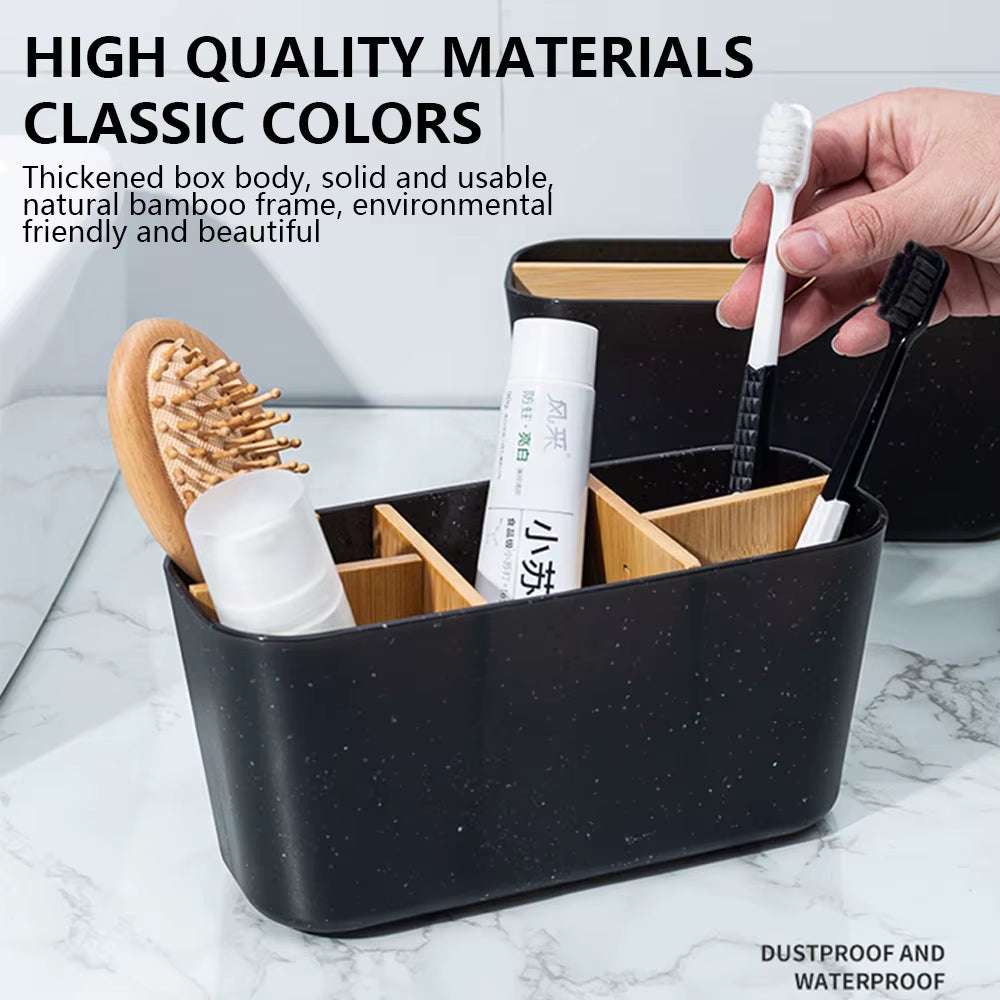 Bamboo toothbrush and razor holder with multiple compartments for bathroom organization