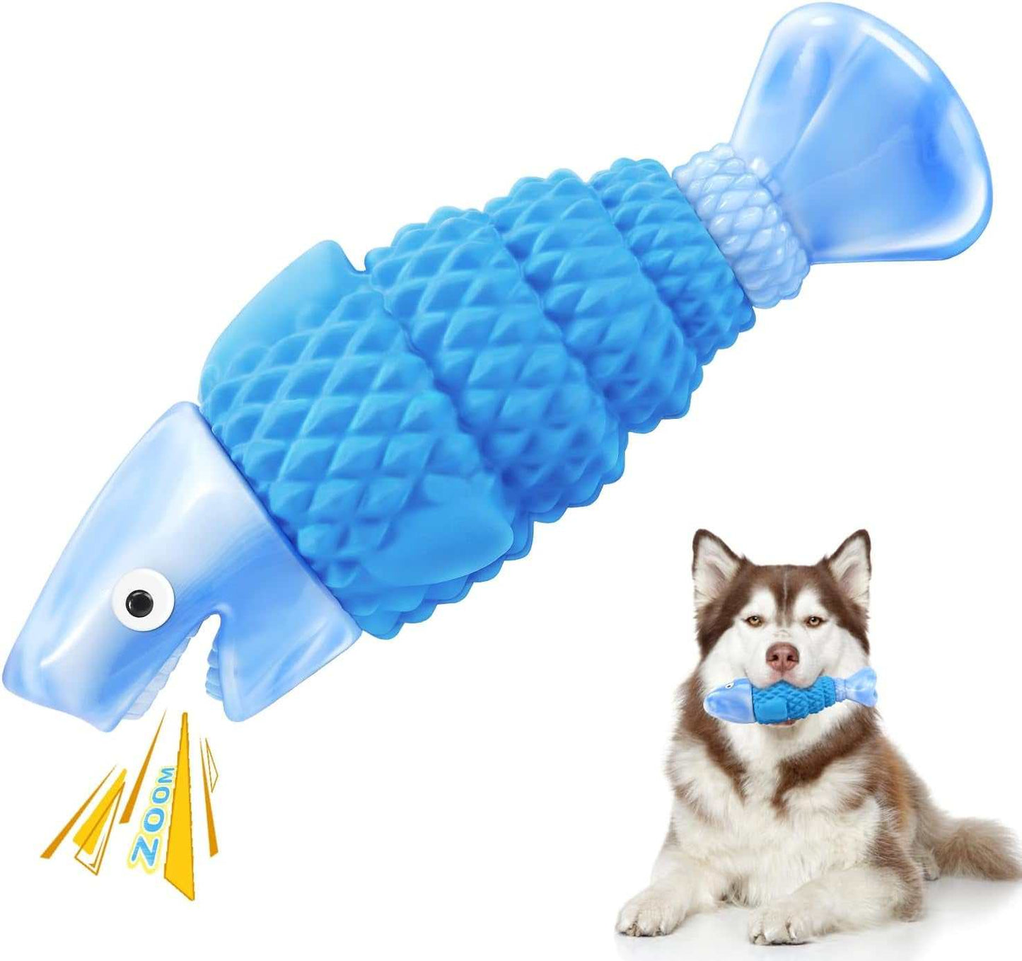 Blue durable squeaky chew toy for aggressive medium and large dogs with bacon flavor and non-toxic materials.