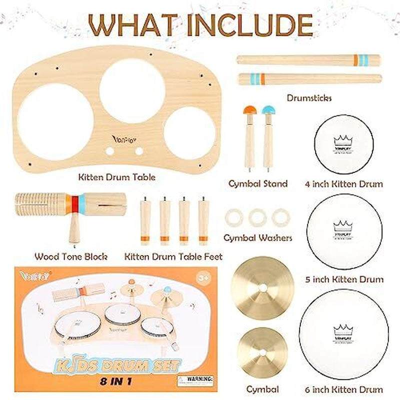 Kids wooden drum set with multiple musical instruments, including drumsticks and cymbals, designed for toddlers to enhance rhythm and creativity.
