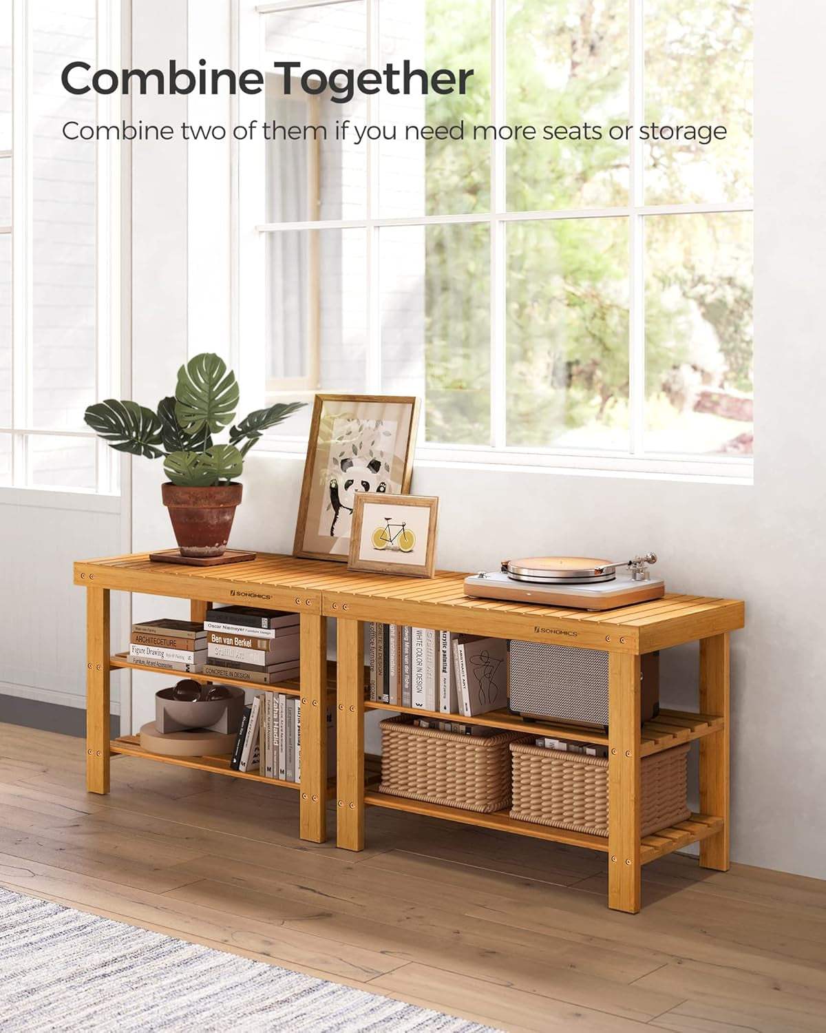 Stylish two-tier bamboo shoe bench with seating in a modern entryway.