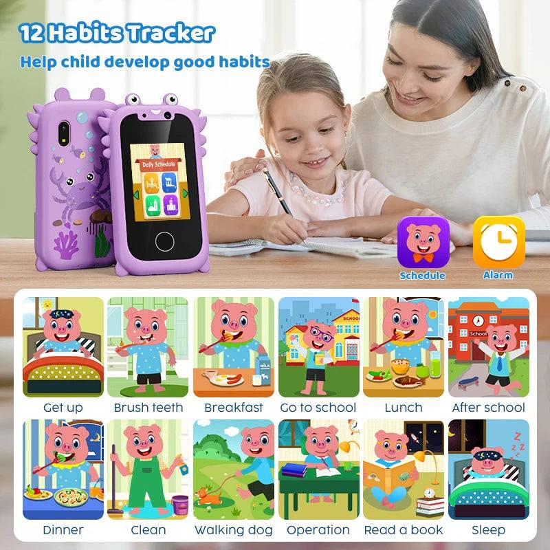 Kids smart phone educational toy with touchscreen and dual cameras, showcasing habit tracker app and interactive activities for learning and fun.