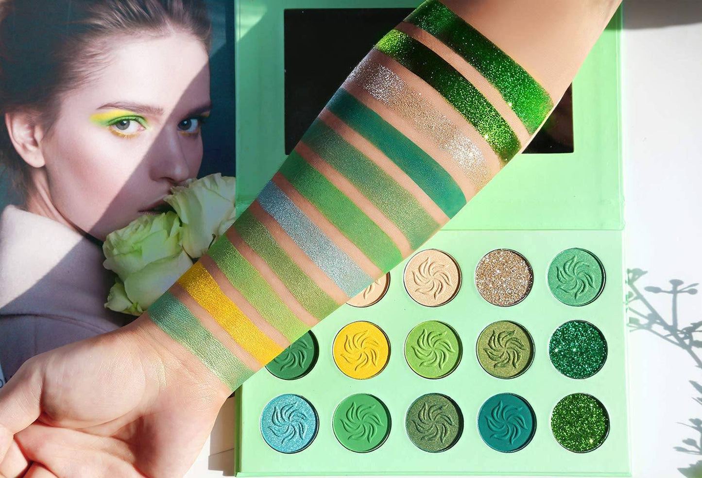 Green Eyeshadow Makeup Set with 15 pigmented shades, featuring matte, shimmer, and glitter finishes.