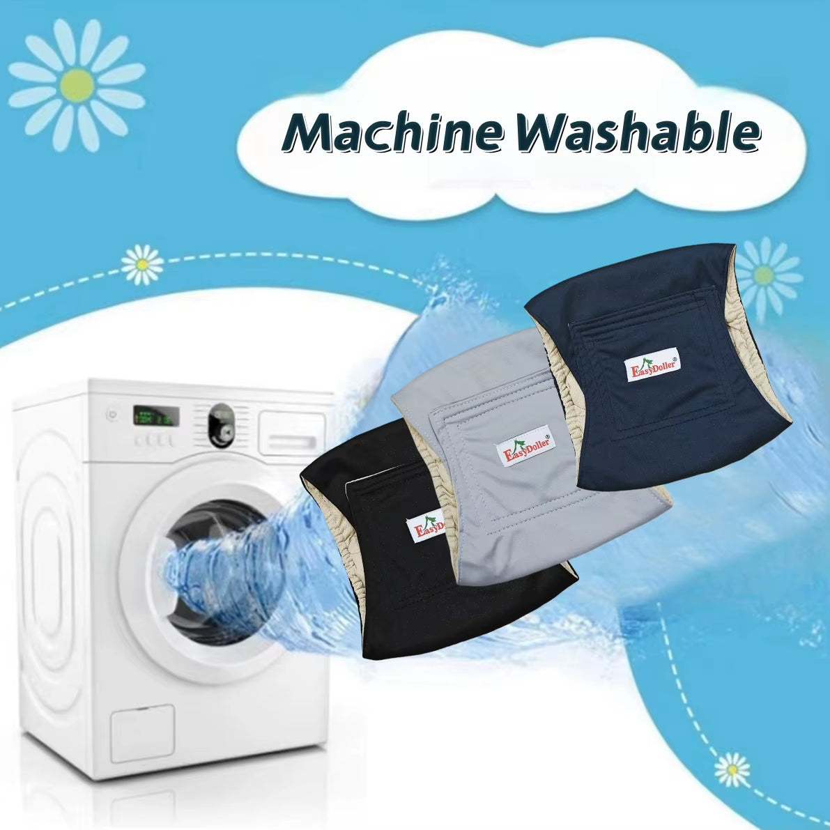 Machine washable dog care diapers in various colors next to a washing machine.