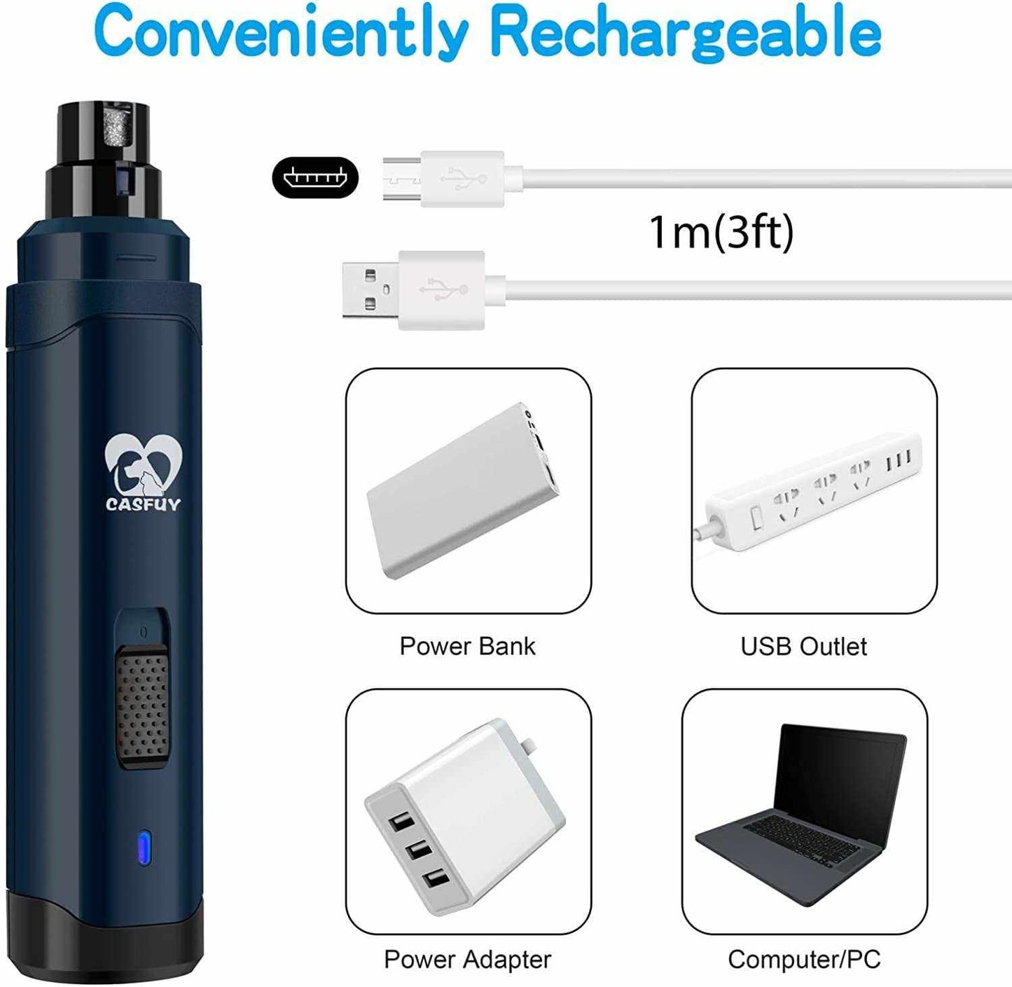 Rechargeable Dog Professional Nail Grinder with USB charging options including power bank, USB outlet, adapter, and computer connection.