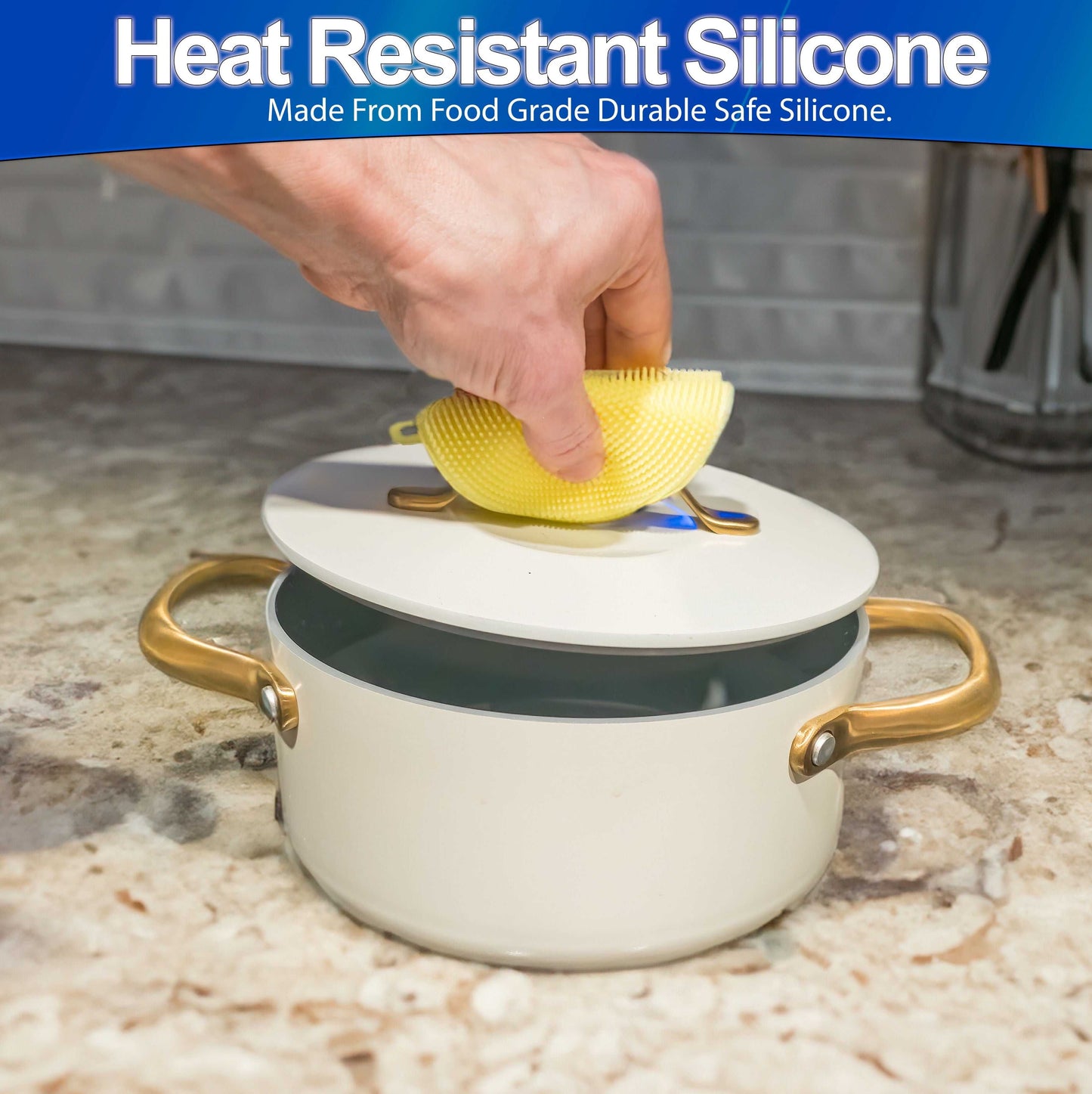 Eco-Friendly Magic Silicone Sponge Scrubber used on a pot with heat-resistant silicone feature.