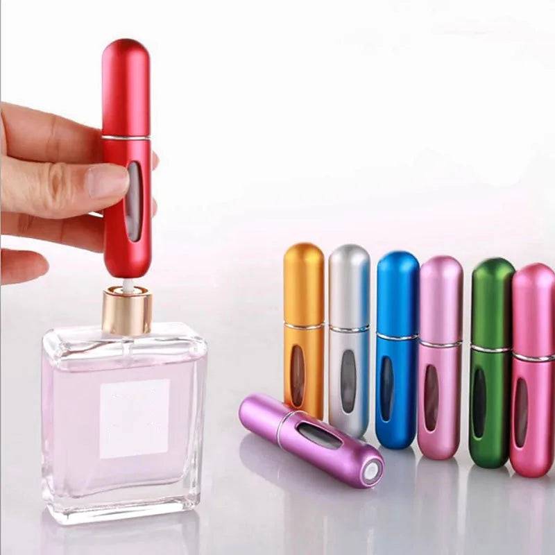 Portable 5ml refillable perfume spray bottles in multiple colors with leak-proof design for travel use