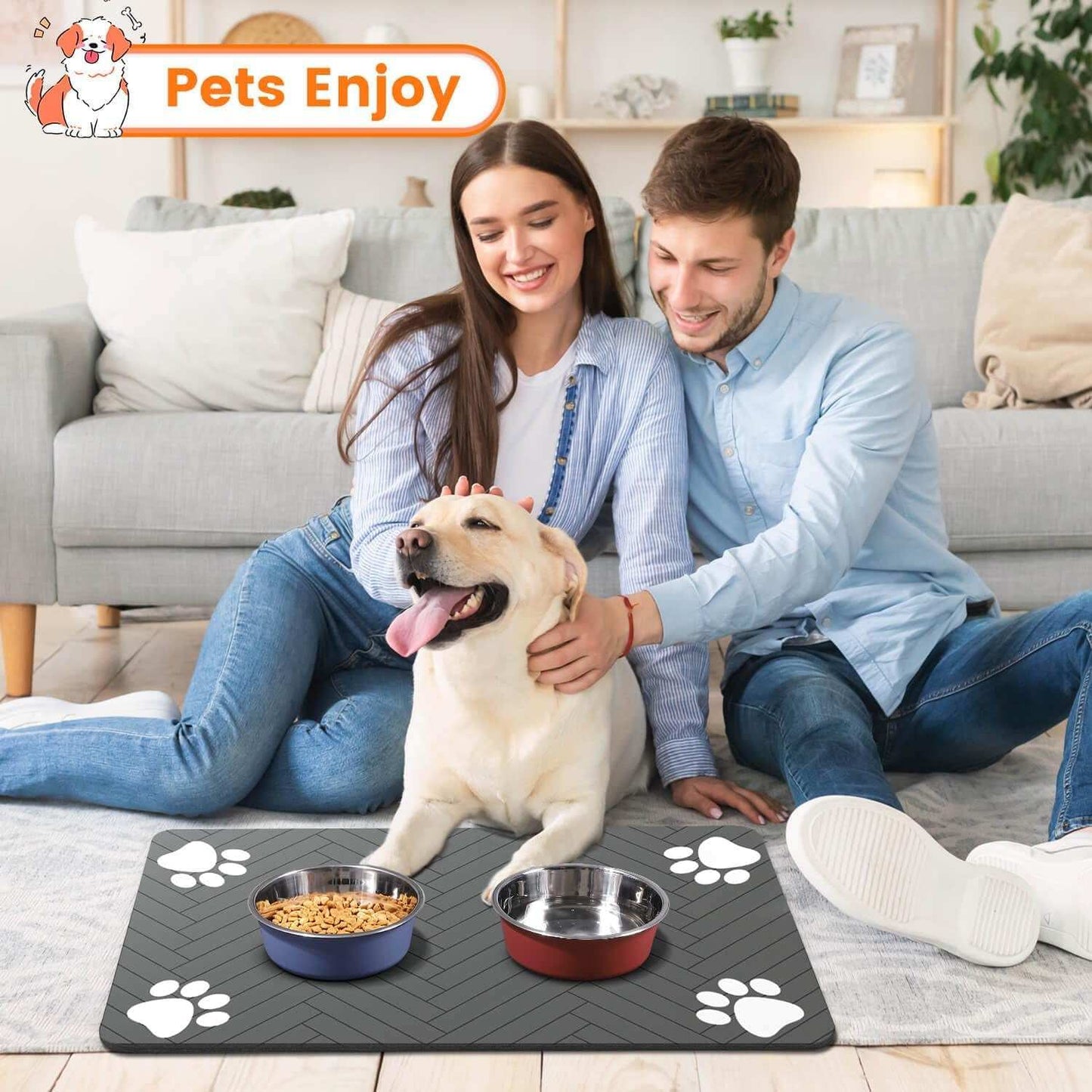 Pet waterproof feeding mat with paw prints, holding food and water bowls, with a dog and smiling couple in living room