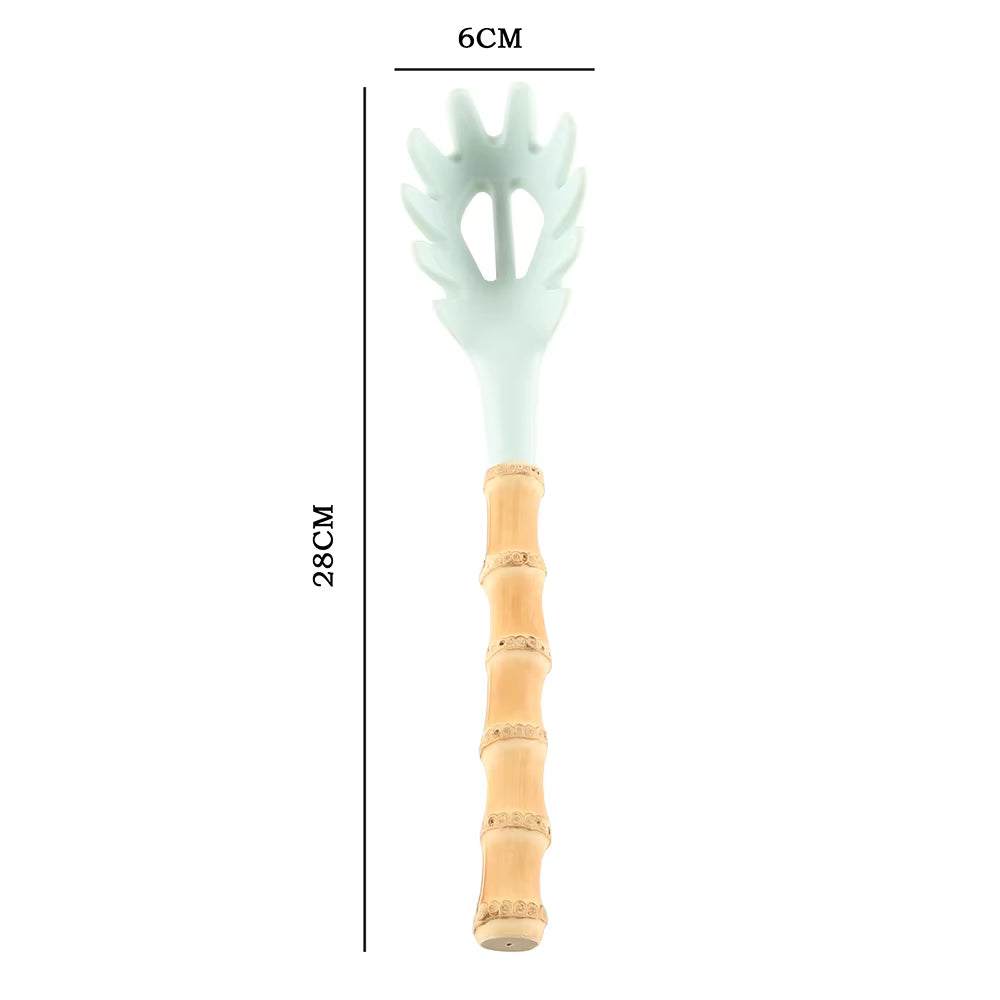 Bamboo kitchenware root and silicone spaghetti server with ergonomic design, natural finish, and eco-friendly build.