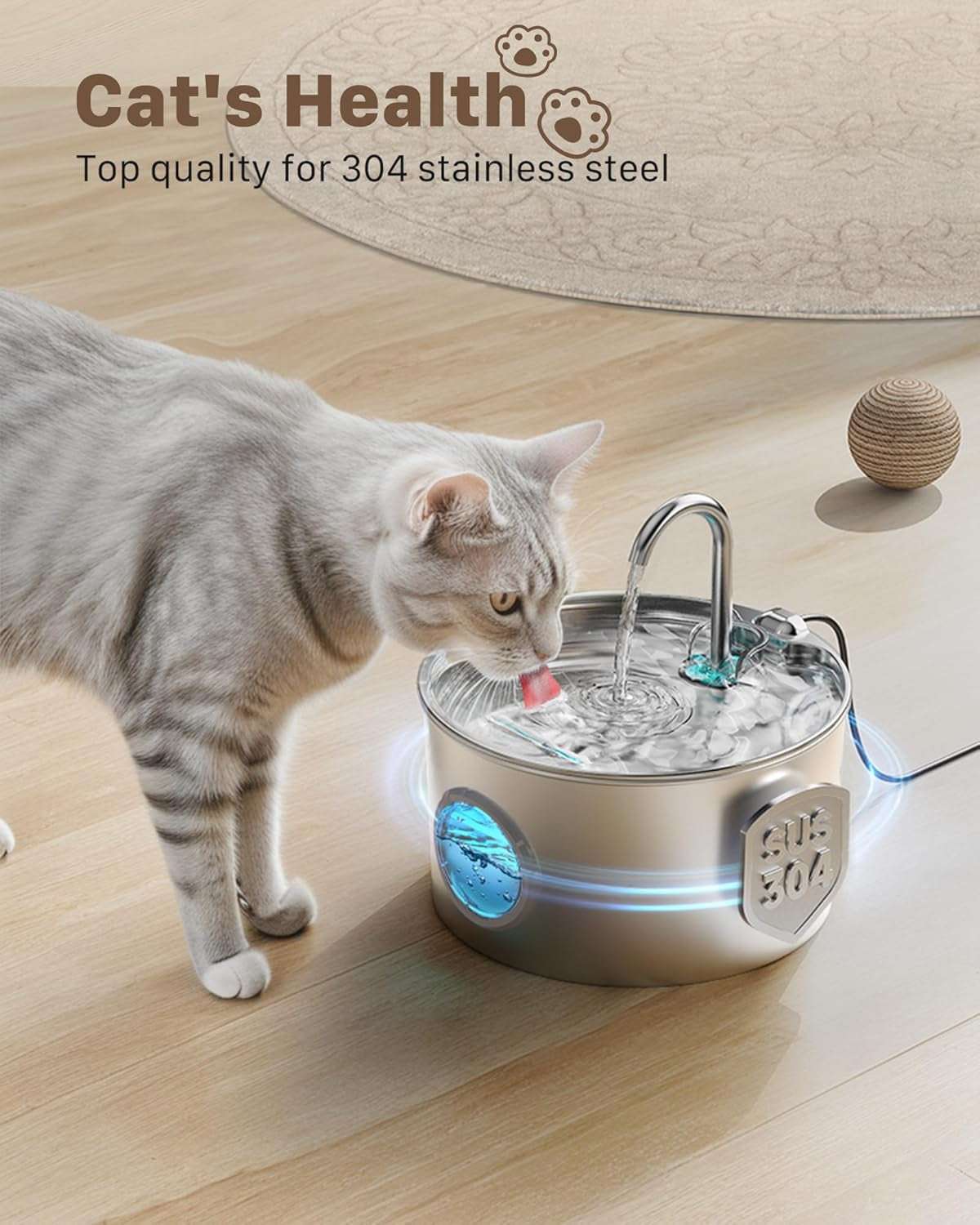 Cat drinking from a sleek pet stainless steel water fountain with continuous flowing filtered water for healthy hydration