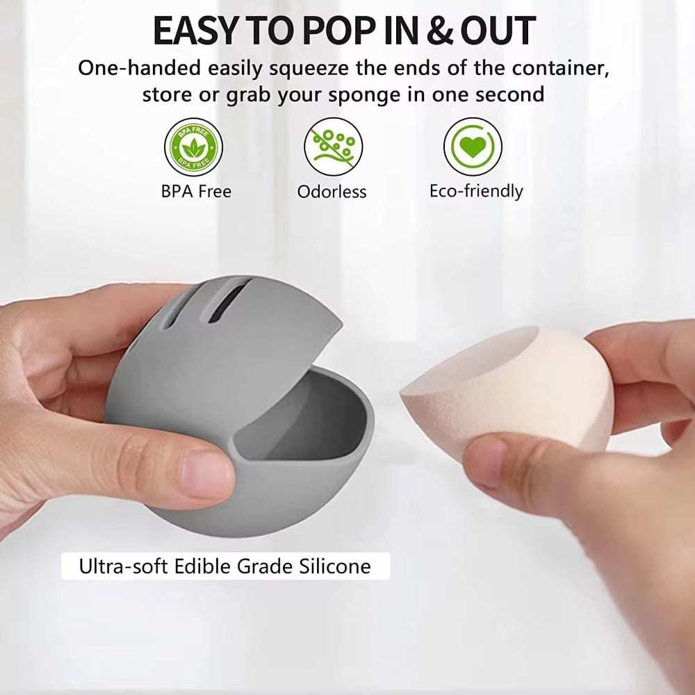 Eco-friendly silicone makeup sponge holder with ventilated design for travel.