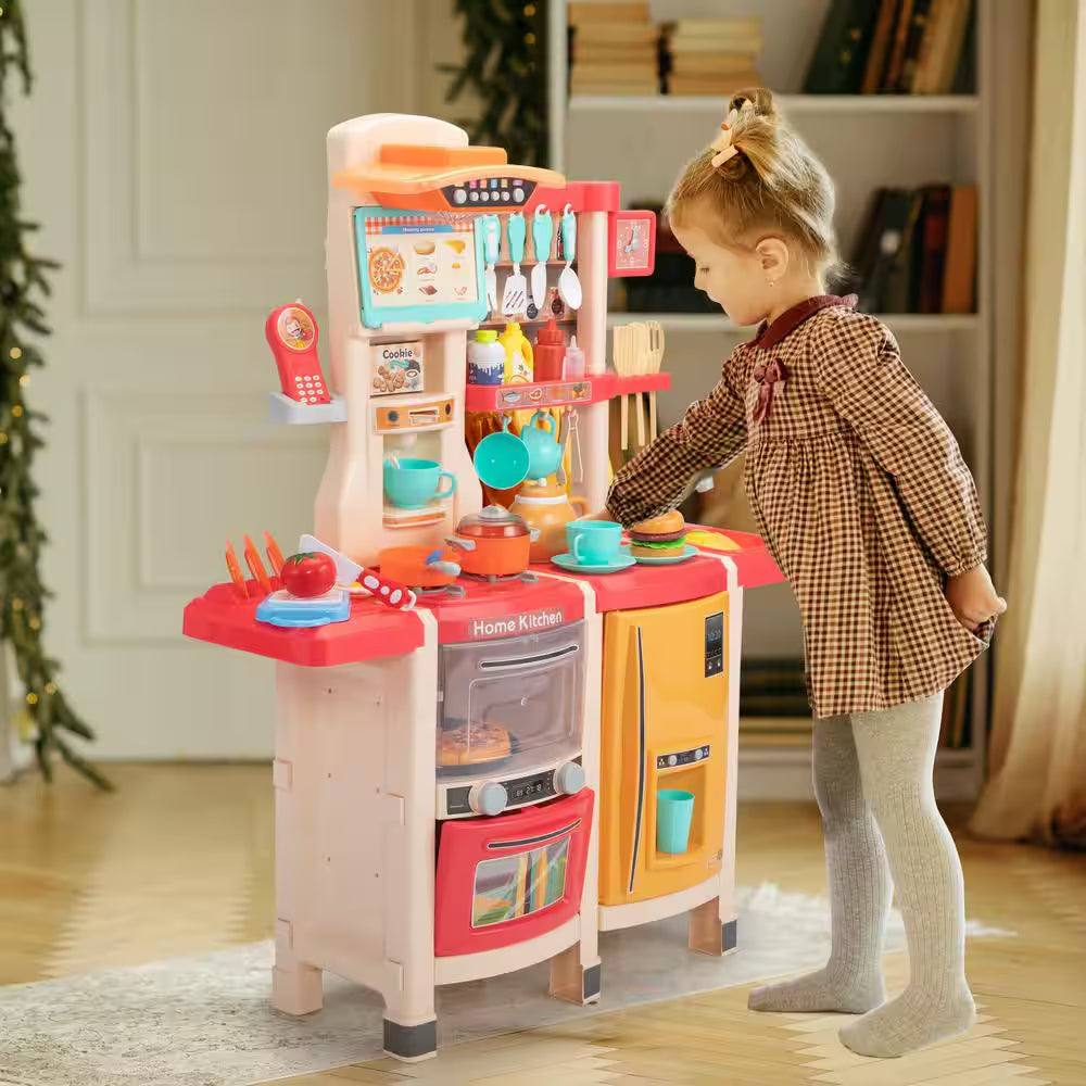 Kids kitchen playset designed to spark imagination and creativity, featuring realistic kitchen accessories for pretend play in bright pink.