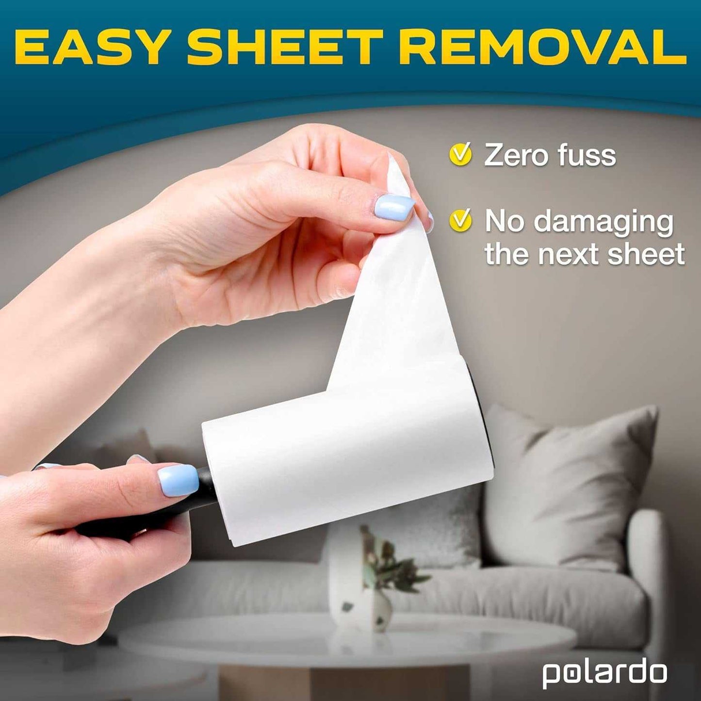 Pet hair lint roller with easy-to-tear extra sticky sheets for efficient hair removal from clothes and furniture, ergonomic handle shown in use