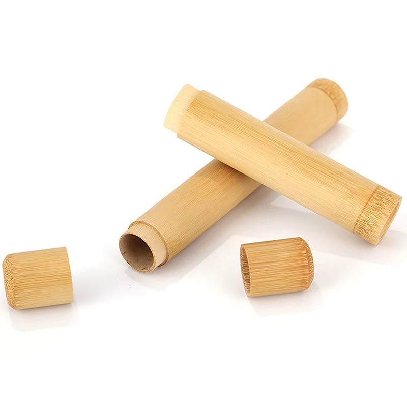 Eco friendly toothbrush storage case made of natural bamboo with a minimalist design and removable caps for travel and daily use.