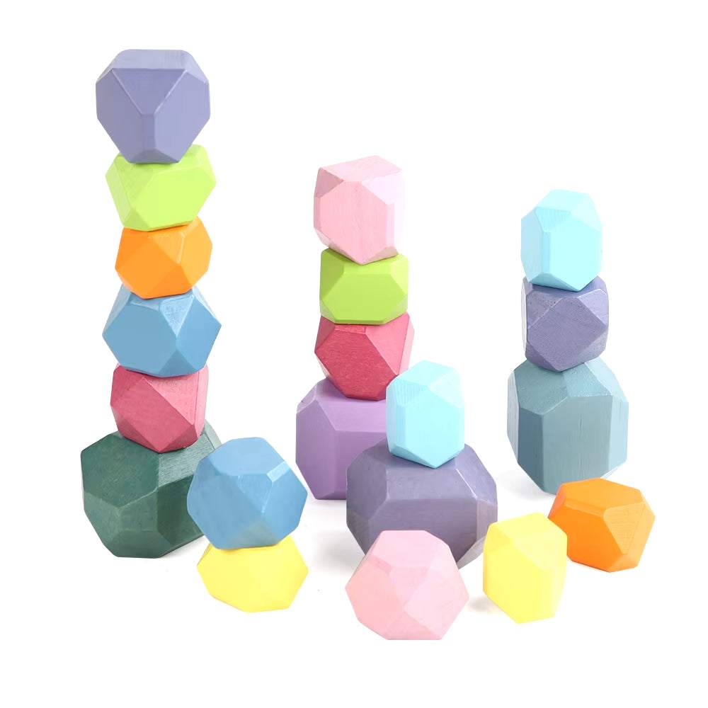 Colorful wooden stacking stones for sensory and educational play, enhancing creativity, balance, and motor skills in toddlers.