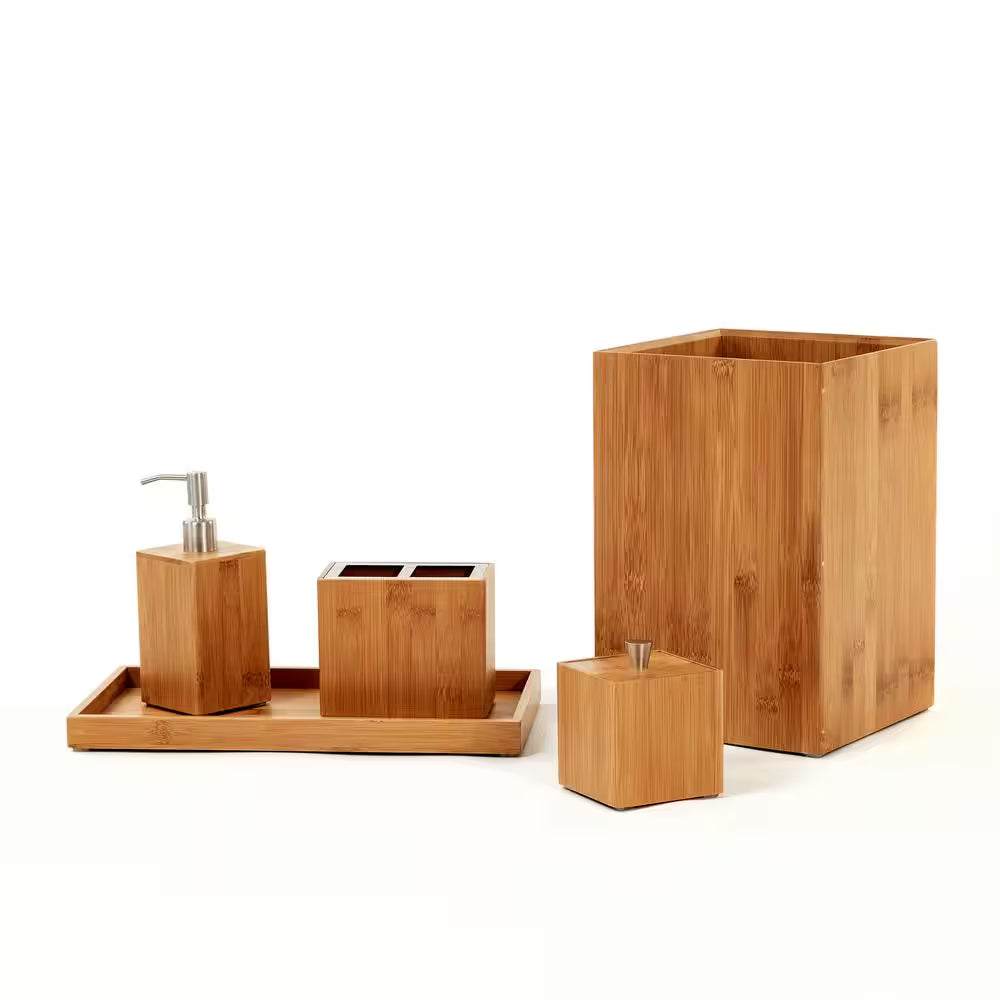 Bamboo Waste Basket 5-piece set with wastebasket, pump dispenser, toothbrush holder, cotton swab container, and towel holder.