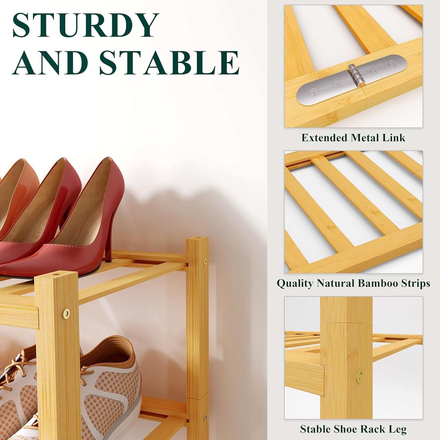 Stylish three-tier bamboo shoe rack with sturdy frame and metal links, ideal for entryway or closet storage.