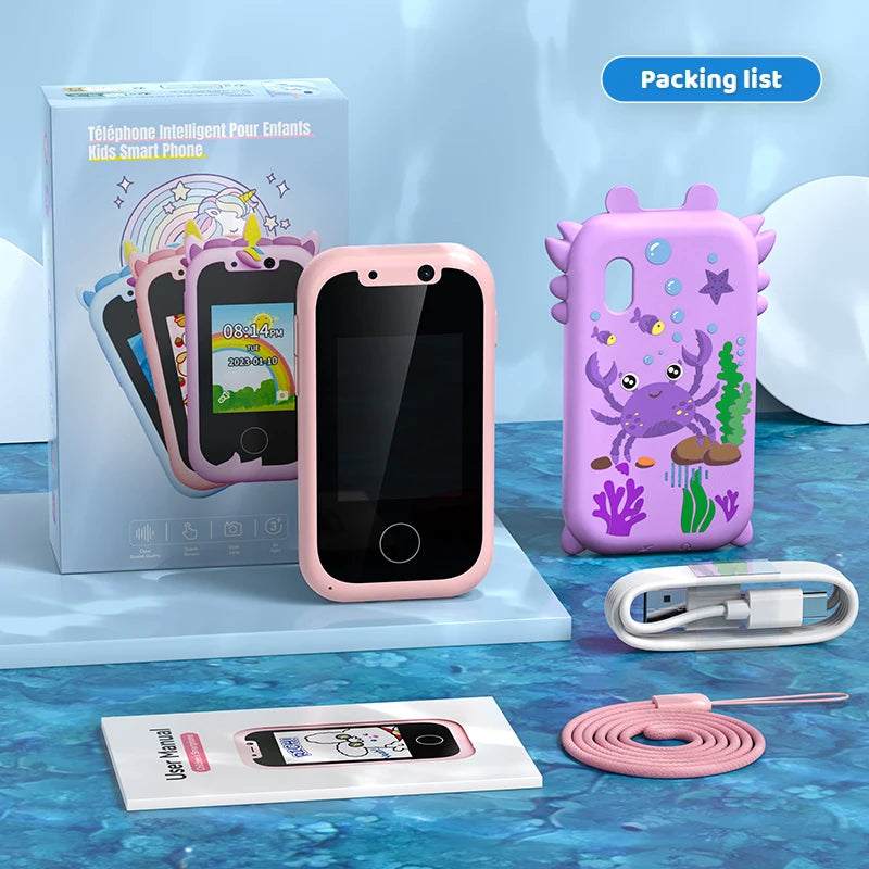 Kids smart phone educational toy with colorful case, dual camera, and touchscreen, includes charger and manual.