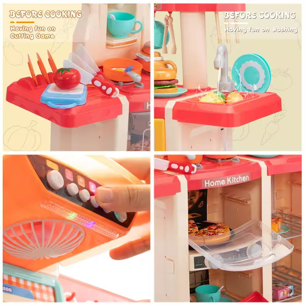 Kids kitchen playset with realistic accessories and vibrant pink design for pretend cooking fun.