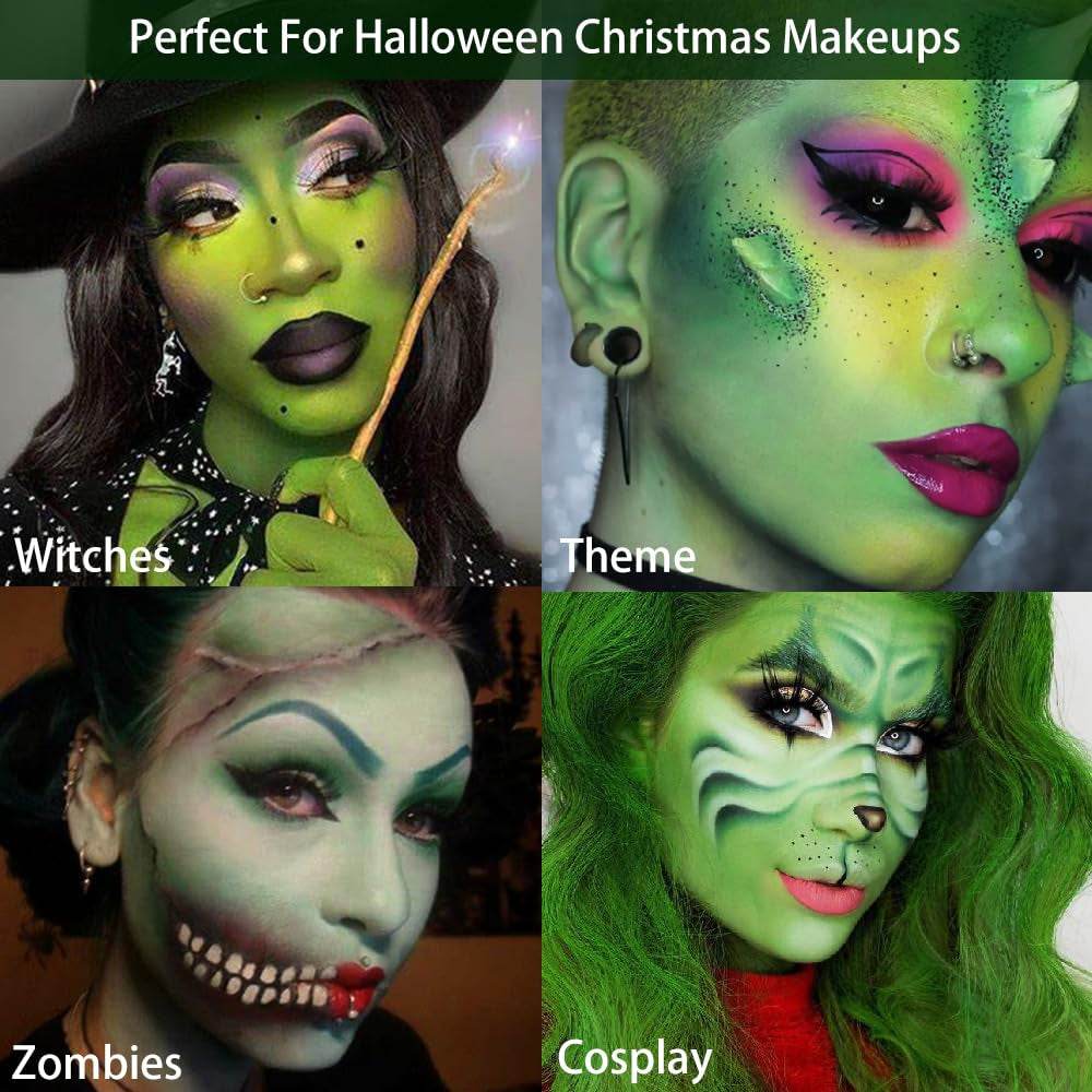 Green Eyeshadow Christmas Makeup Set for festive and bold holiday looks, featuring 15 pigmented green eyeshadows in matte, shimmer, and glitter finishes.