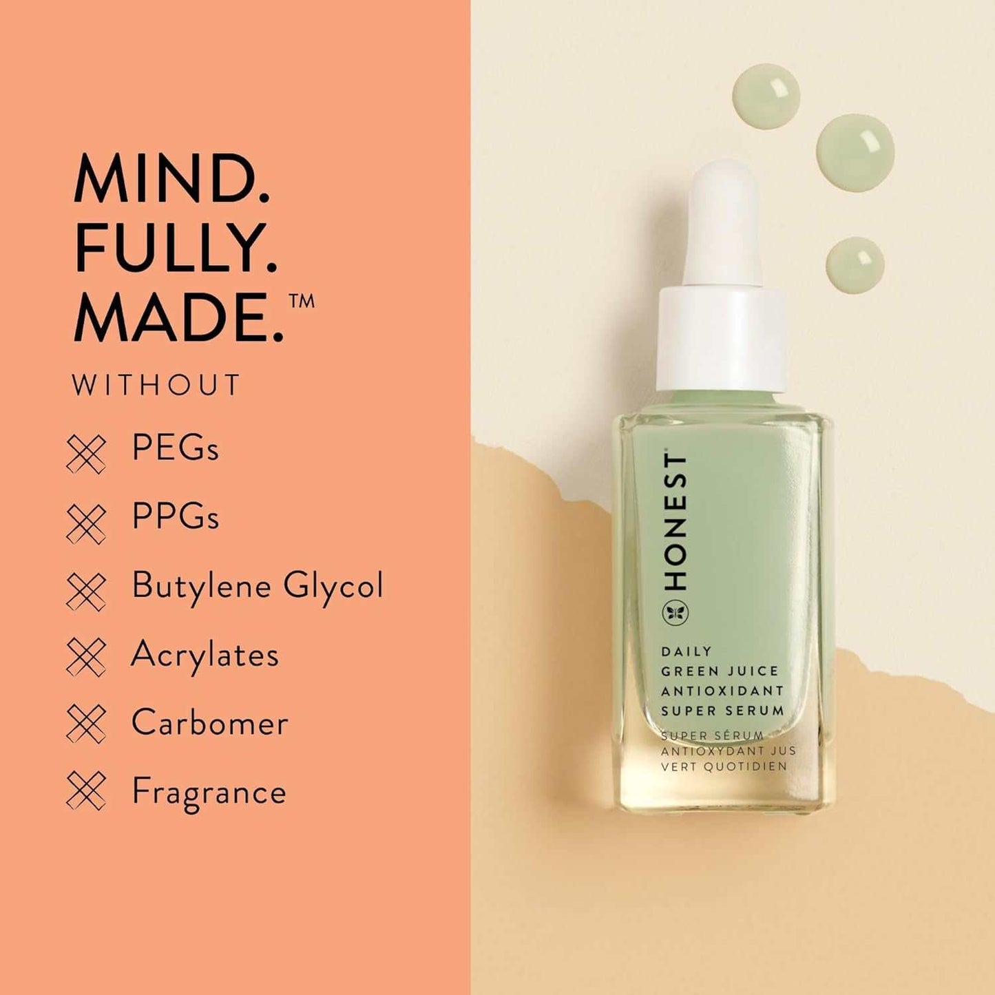 Cruelty-Free Antioxidant Super Serum bottle with dropper, highlighting green juice formula and ingredients free from PEGs, PPGs, and fragrance.