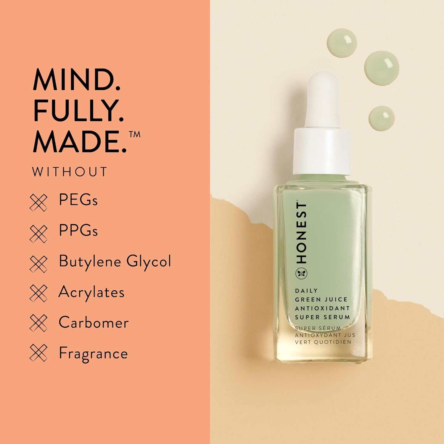 Cruelty-Free Antioxidant Super Serum bottle with dropper, highlighting green juice formula and ingredients free from PEGs, PPGs, and fragrance.