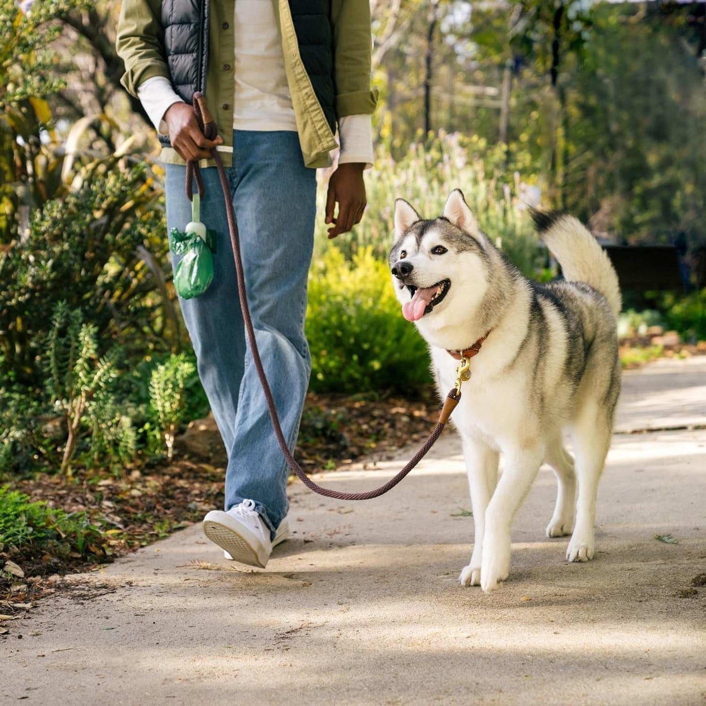 Dog owner walking dog with leash-attached green dog poop bag holder dispenser in park