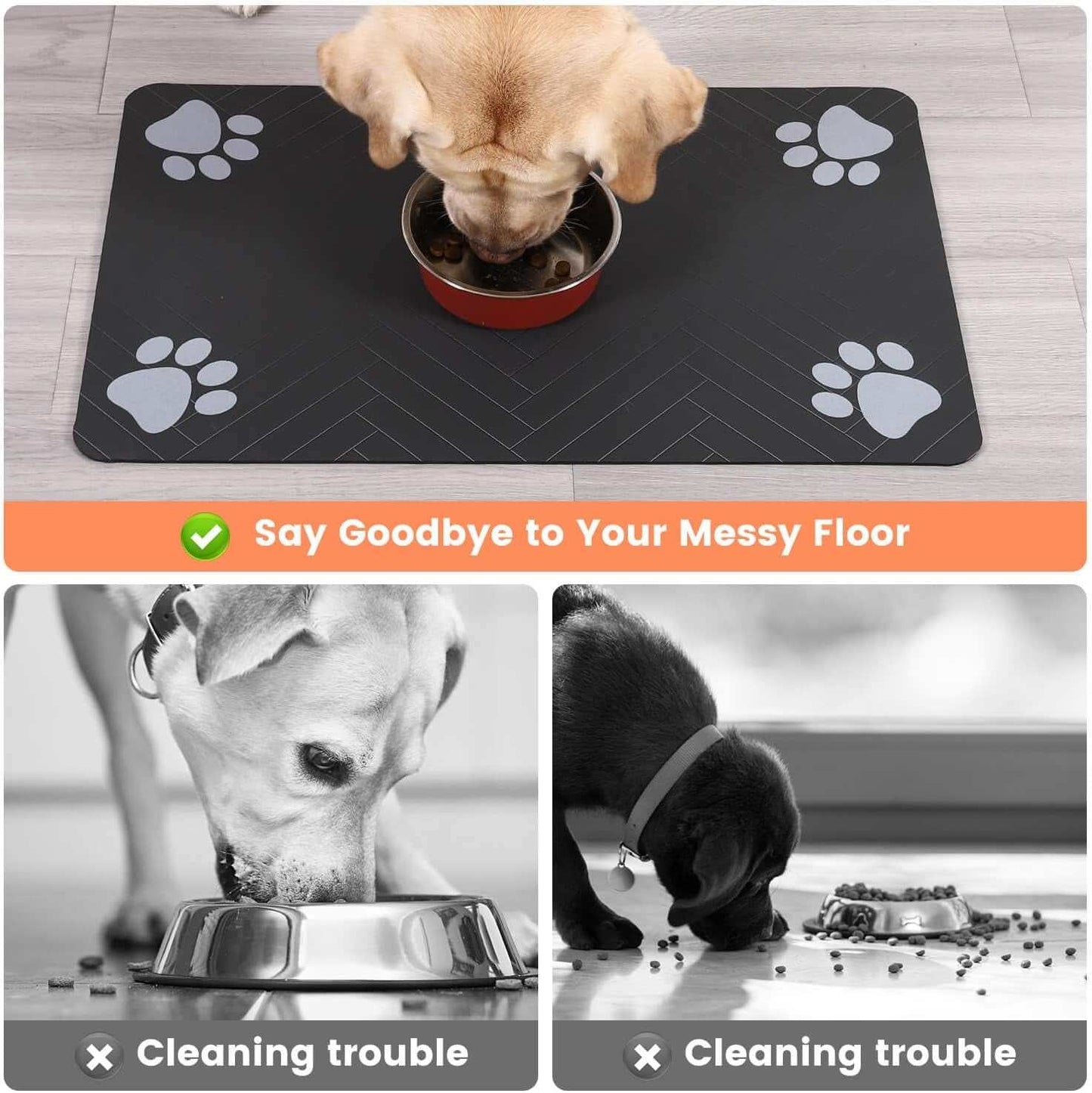 Pet Waterproof Feeding Mat with non-slip backing and paw print design protecting floor from spills and messes.
