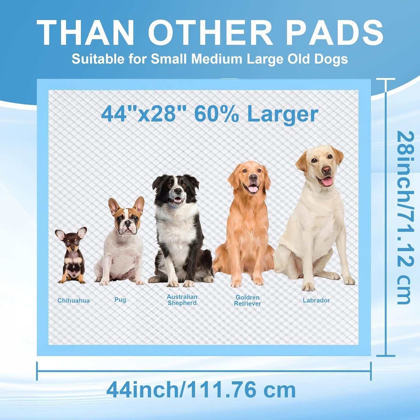 Pet Pee Absorbent Pads with super absorbent core and leak-proof backing, extra large 44x28 inch size suitable for small to large dogs, quick-dry surface and odor control.
