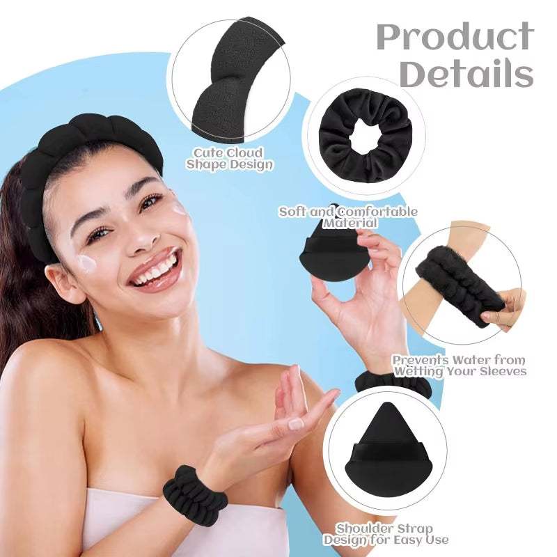 Spa headband and wristband set in soft, plush fabric for skincare routines.