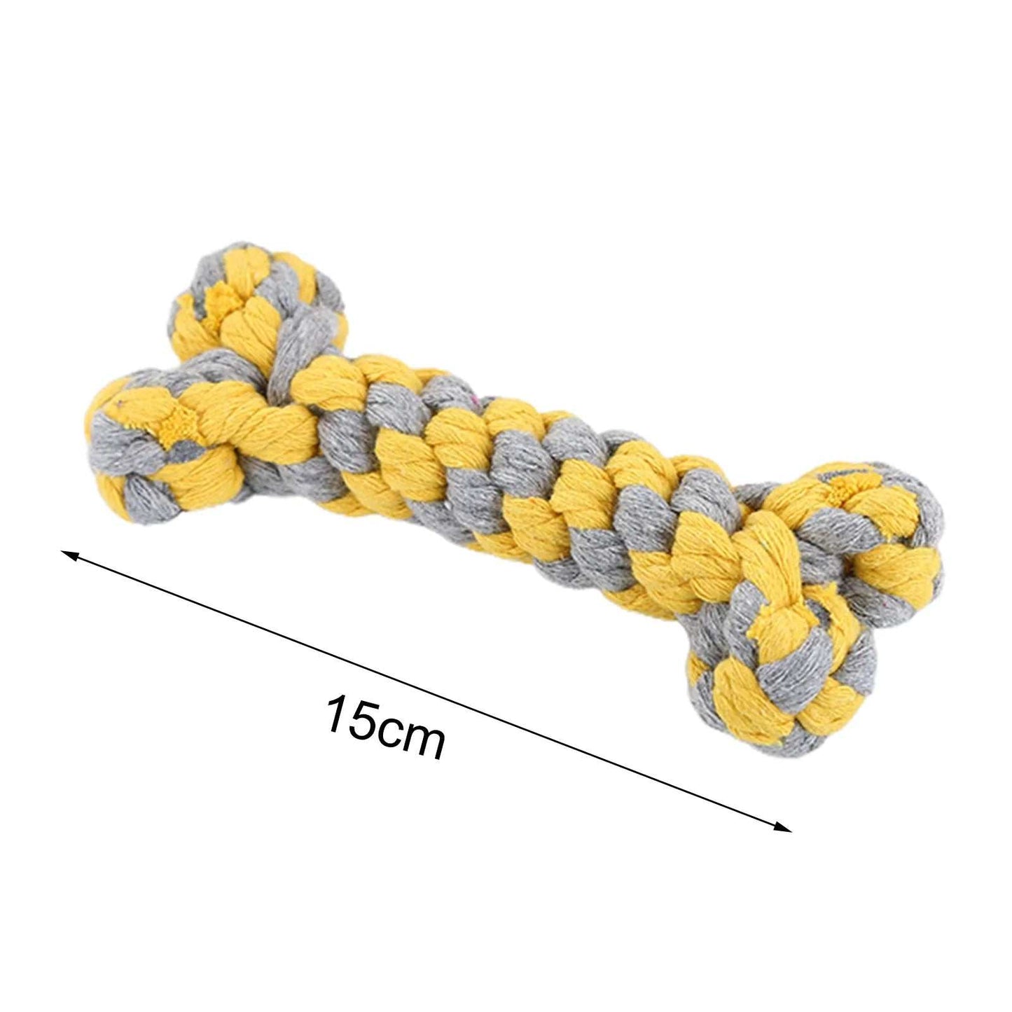 Durable dog rope chewing toy in yellow and gray, designed for strong chewers, 15cm length.