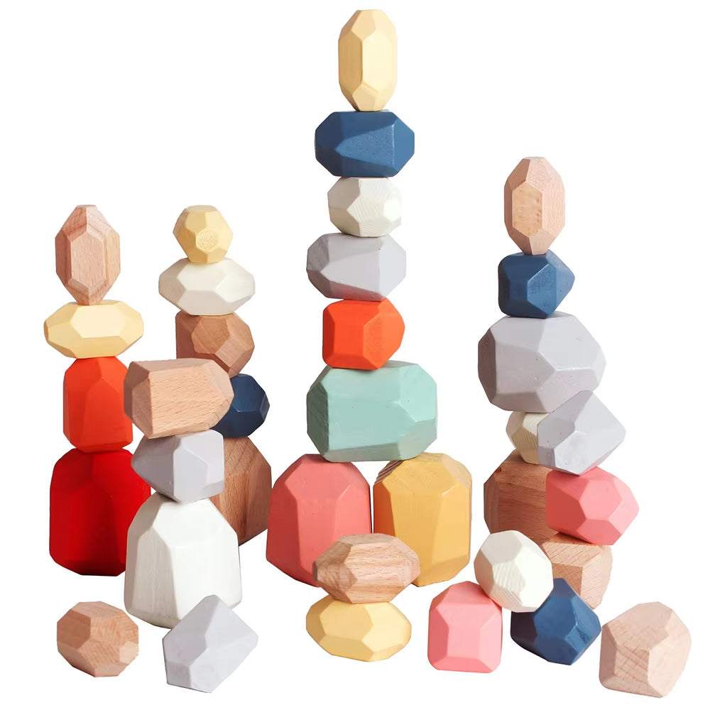 Kids wooden sensory stones toy for stacking and balancing, Montessori-inspired educational play.