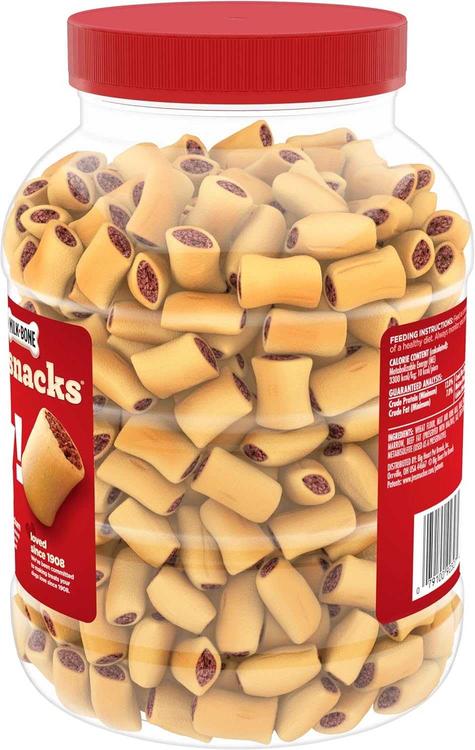 40-ounce container of small dog treats infused with bone marrow for dental health and high protein content