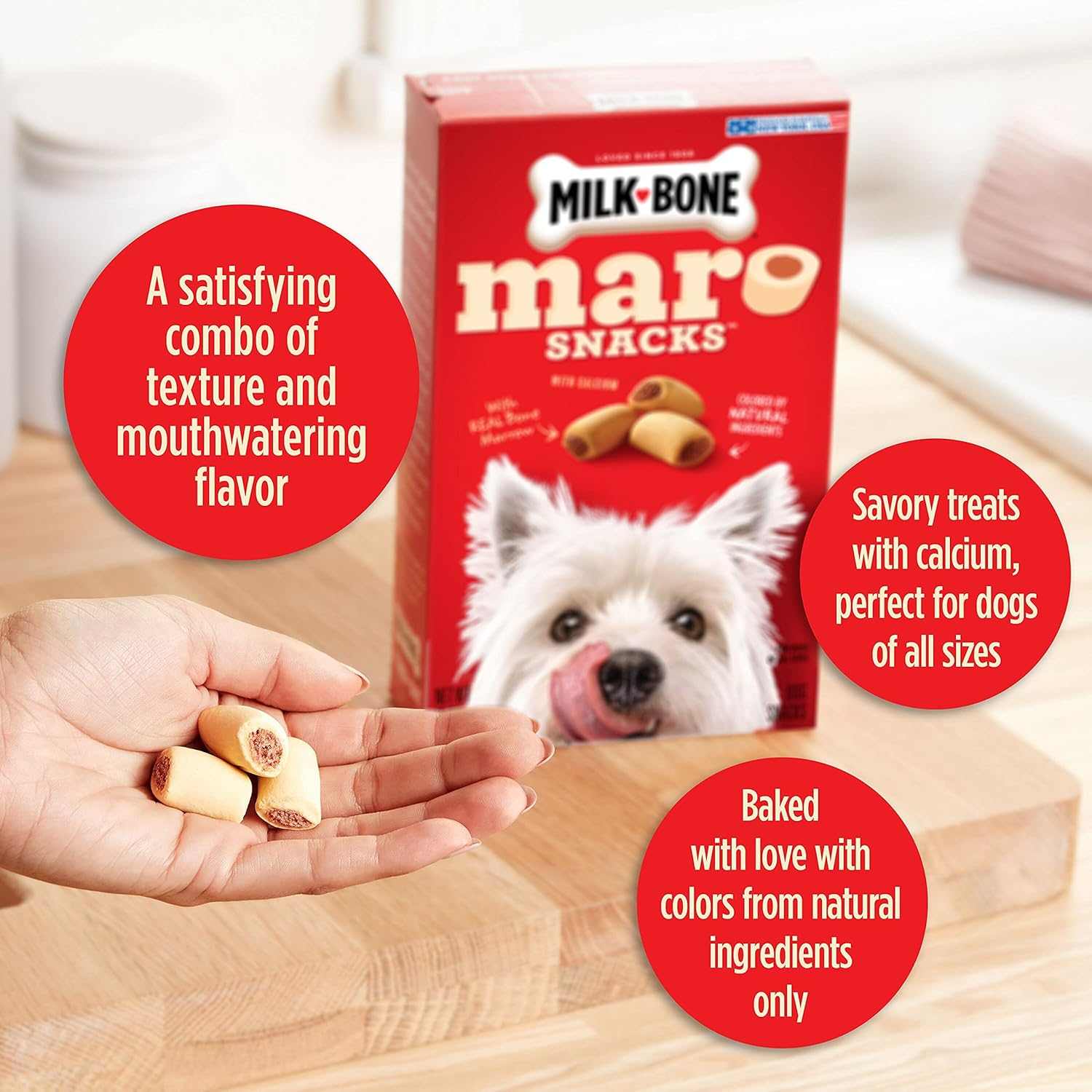Milk-Bone Maro Snacks dog treats with bone marrow, small breed size, high protein, natural ingredients, and dental health support.