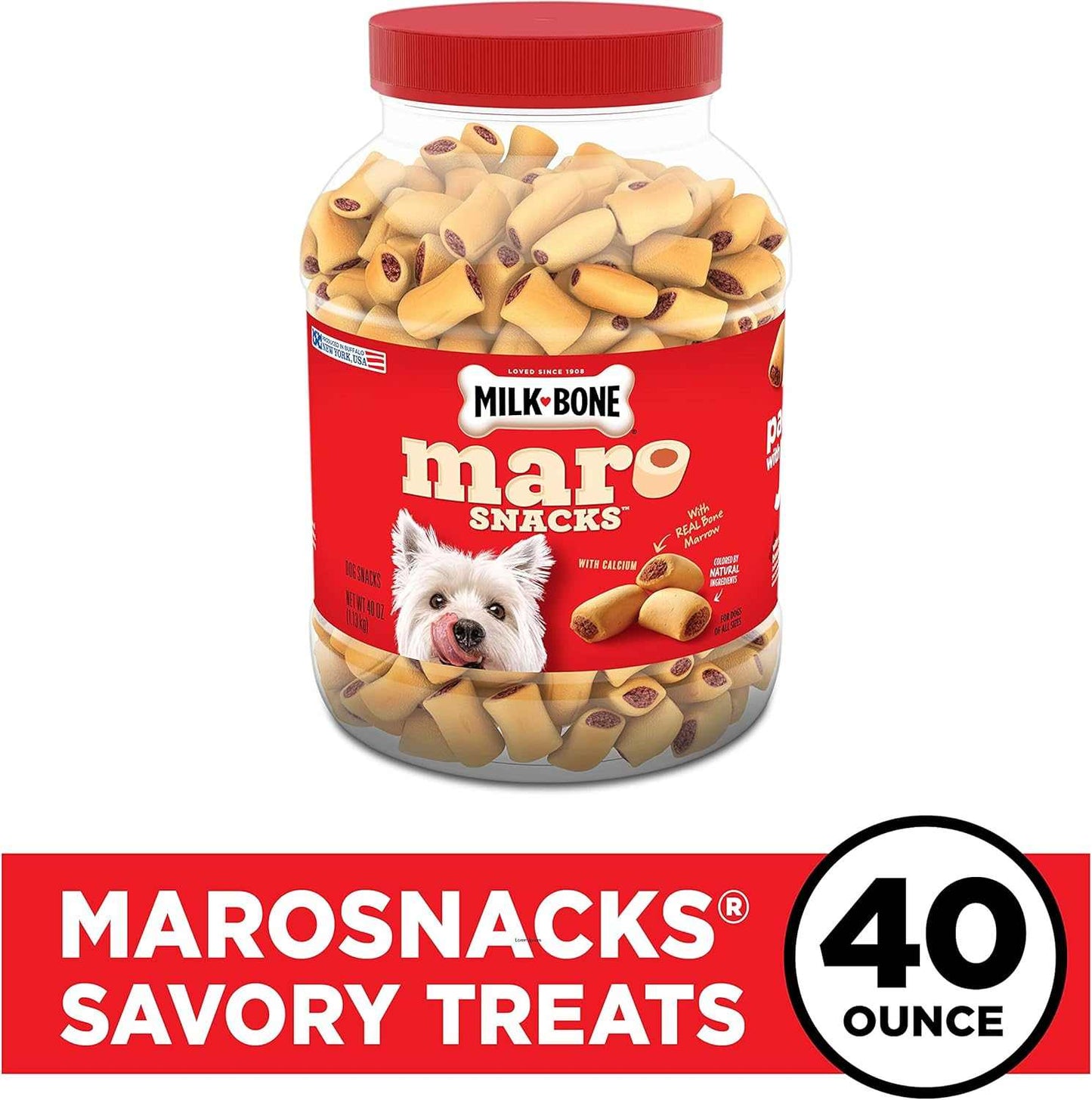 Milk-Bone Maro Snacks bone marrow dog treats for small breeds, high-protein, 40-ounce container