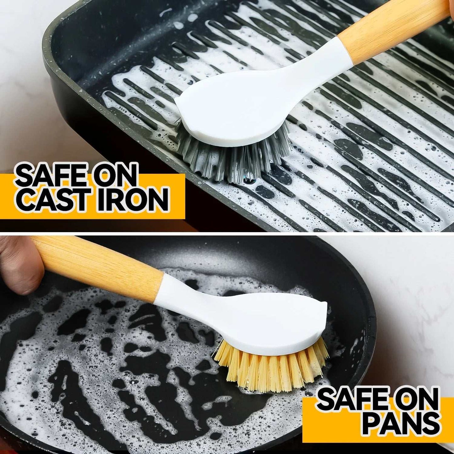 Bamboo handle dish brush cleaning cast iron pan and nonstick pan, durable bristles.