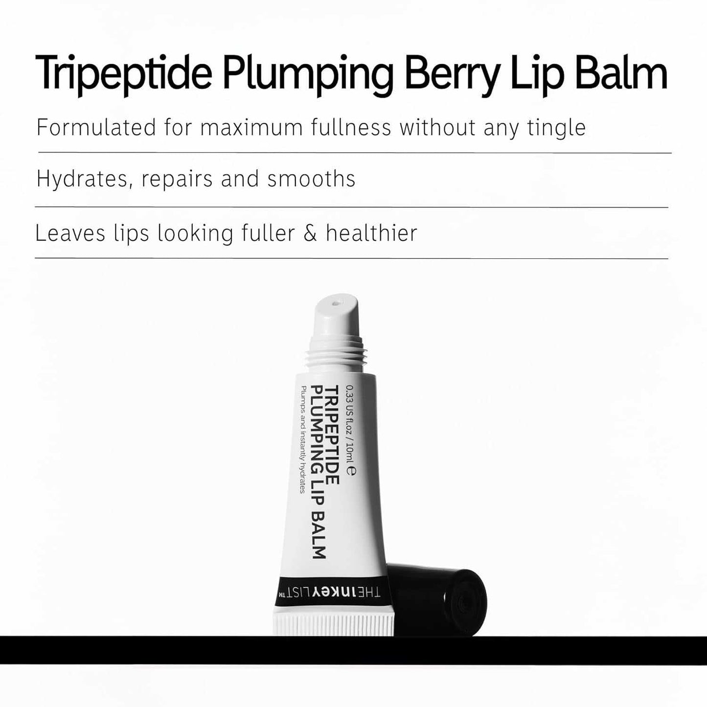 Cruelty-free tripeptide plumping lip balm with natural berry tint in a 10ml tube.