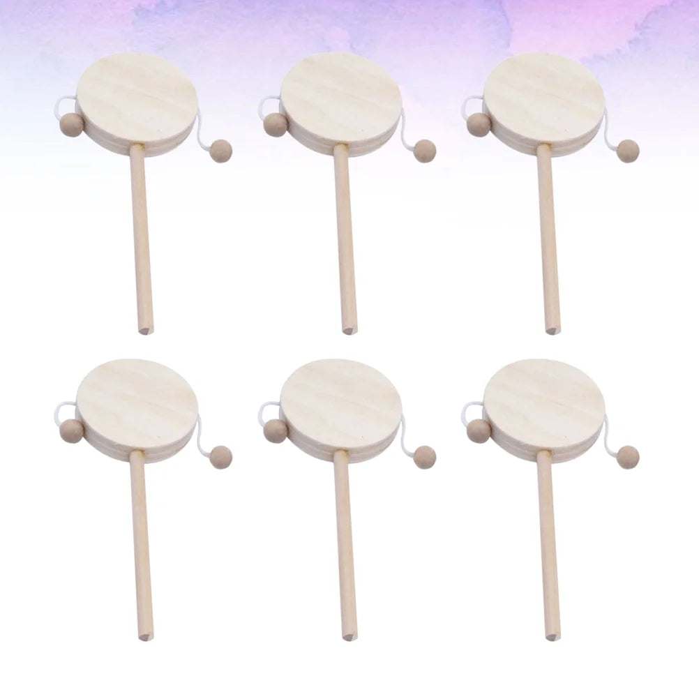 DIY wooden rattle drum set for crafting and music play, featuring six unfinished pieces for creative design and painting.